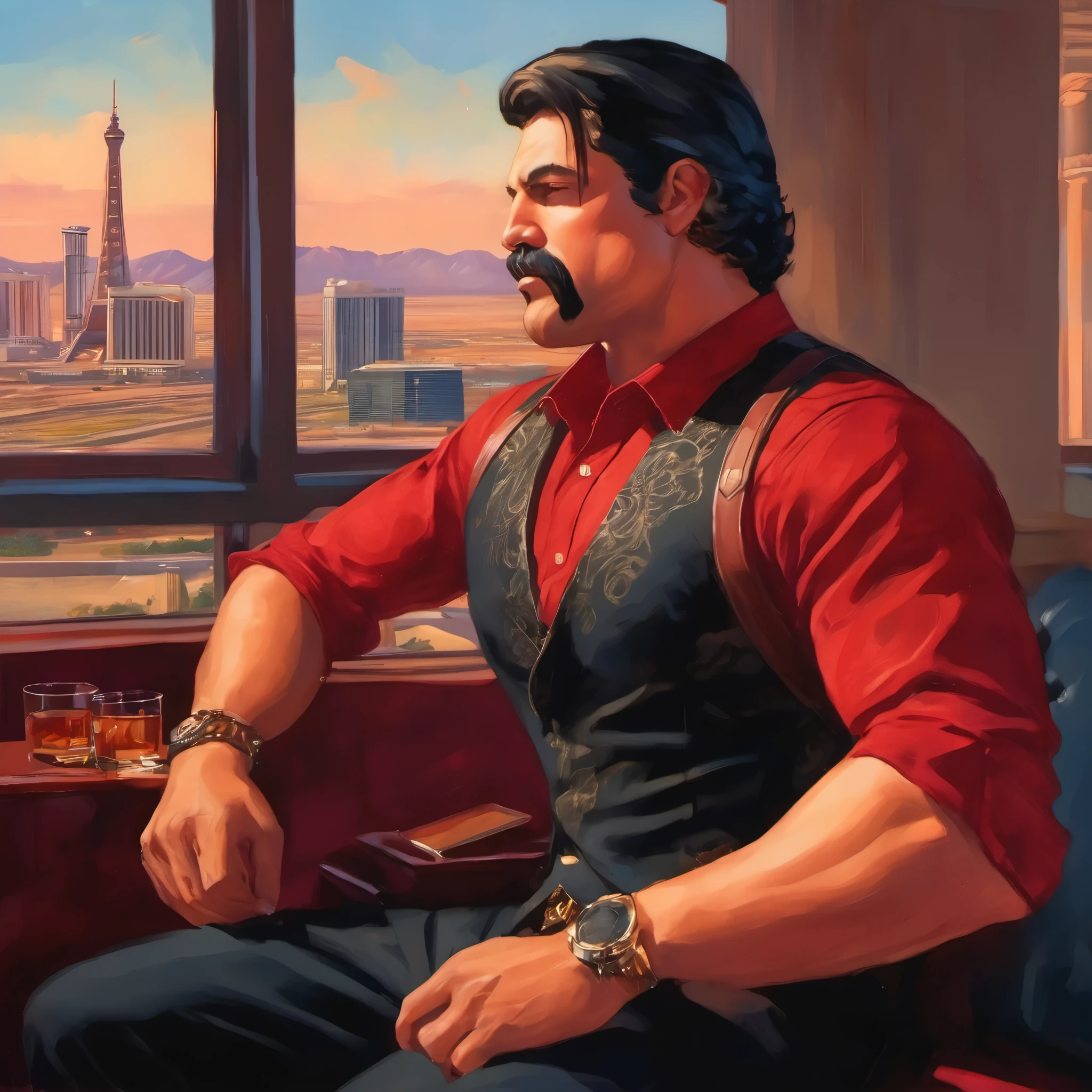 (obra maestra, Mejor calidad:1.2), 1 chico, solo, thenahualli, driving a muscle car, serious, dangerous man, elegant, black vest, red shirt, sit, sit on sofa, drinking whiskey, in a luxury penthouse in Las Vegas, Las Vegas