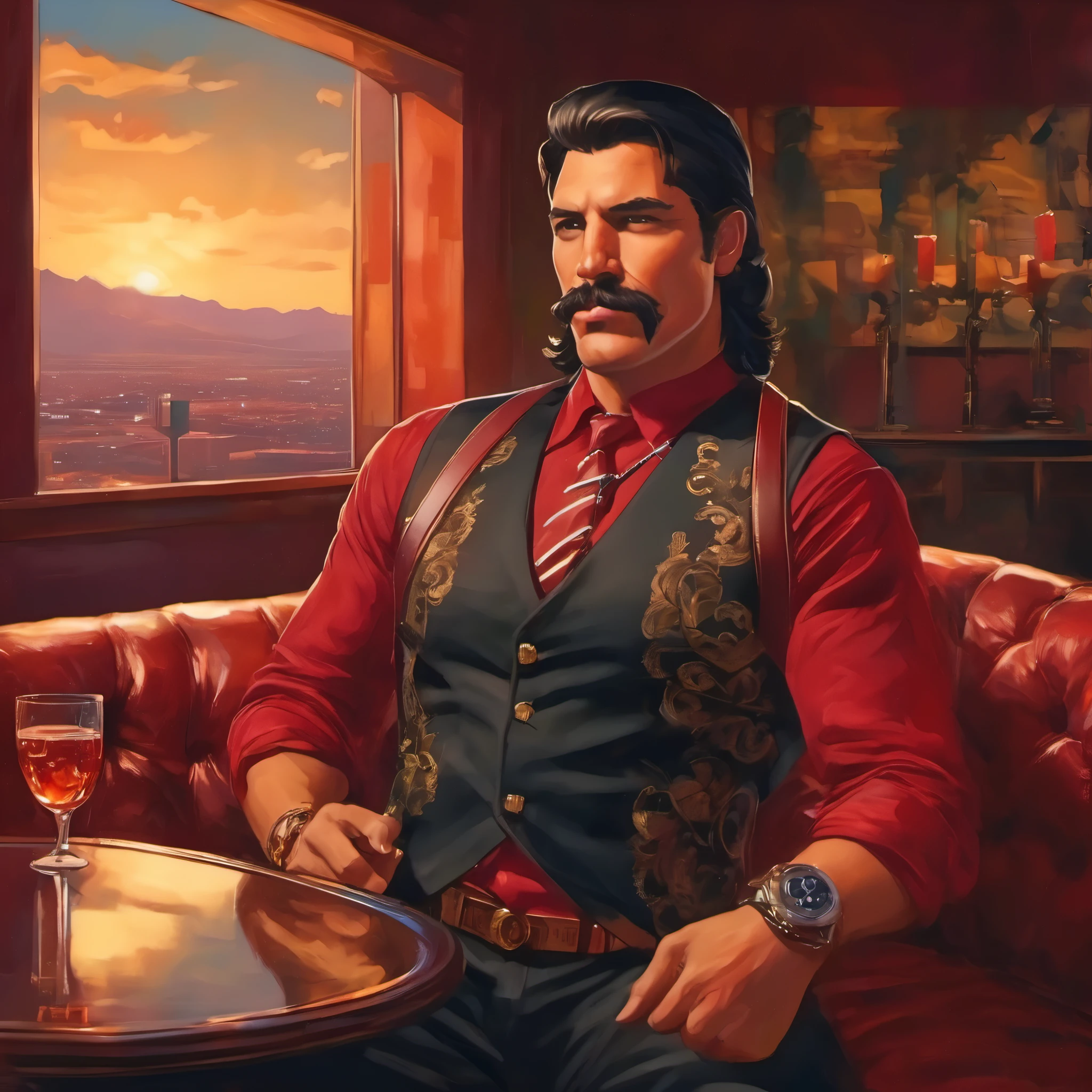 (obra maestra, Mejor calidad:1.2), 1 chico, solo, thenahualli, driving a muscle car, serious, dangerous man, elegant, black vest, red shirt, sit, sit on sofa, drinking whiskey, in a luxury penthouse in Las Vegas, Las Vegas