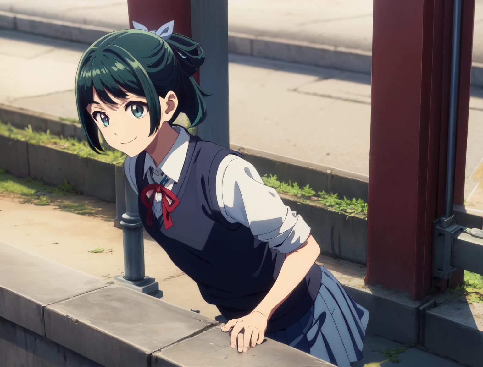 Are thin、green hairstyle,、Only one girl is in the picture、smile、wearing a high school uniform（white shirt、red ribbon、black sweater vest、skirt）、solo shot