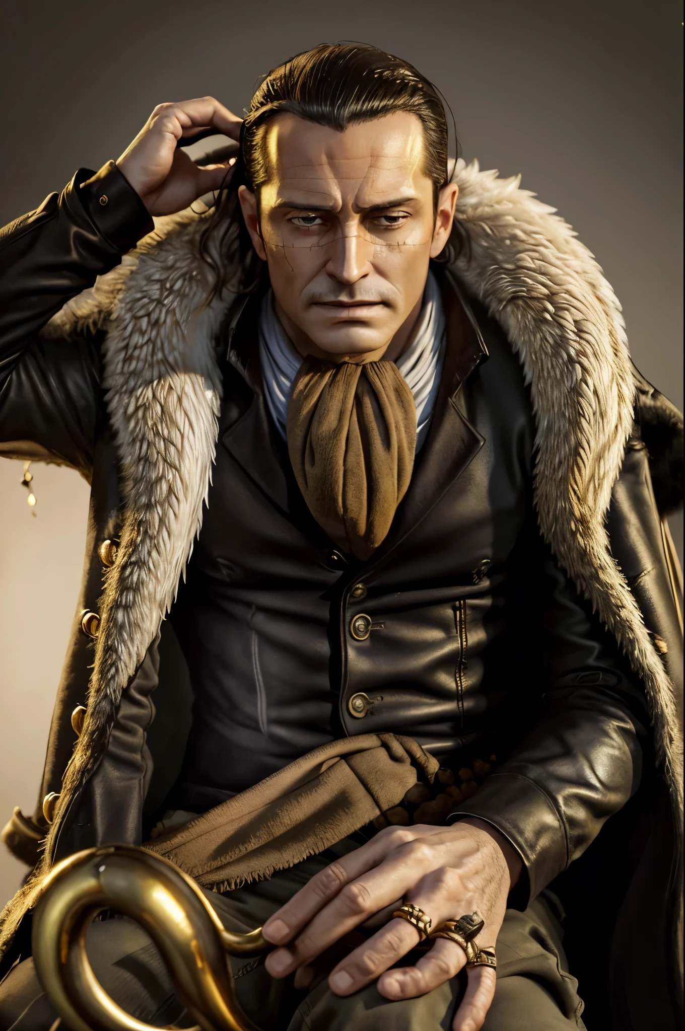 masterpiece, best quality, extremely detailed, hyperrealistic, photorealistic, a cool 40s man, ultra detailed face:1.2, fur-trimmed coat, scarf around the neck, his left hand is a golden pirate hook:1.1, sitting, white background
