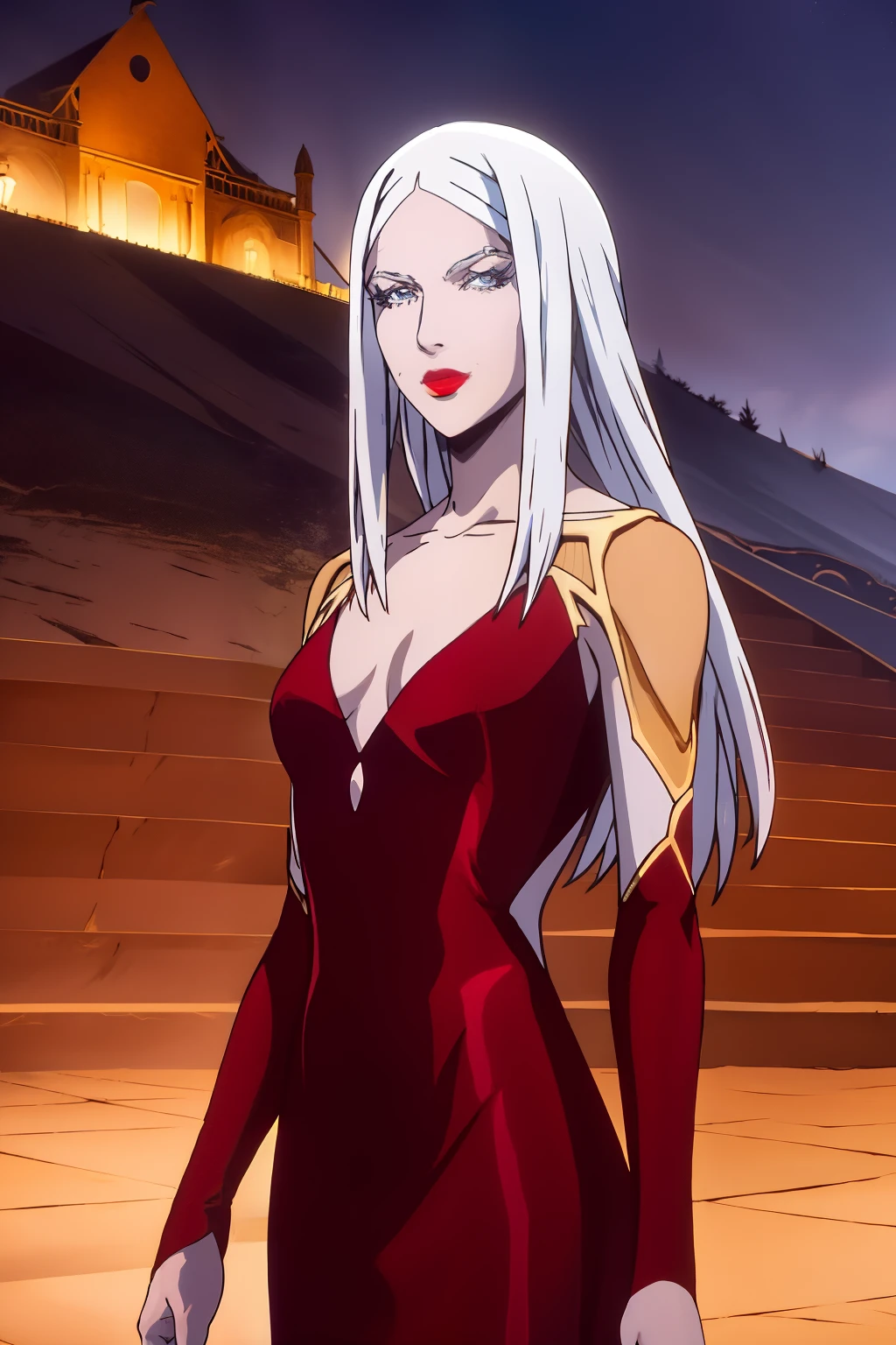 carmilla pechos medianos, vestido , pelo blanco, hermoso rostro, ojos azules, (Obra maestra:1.2), Mejor calidad, absurdos, high resolution, fondo de pantalla extremadamente detallado, perfect lighting, outside, fuera, night, noche, tacones, hig heels, medias, stockings, castle, castillo