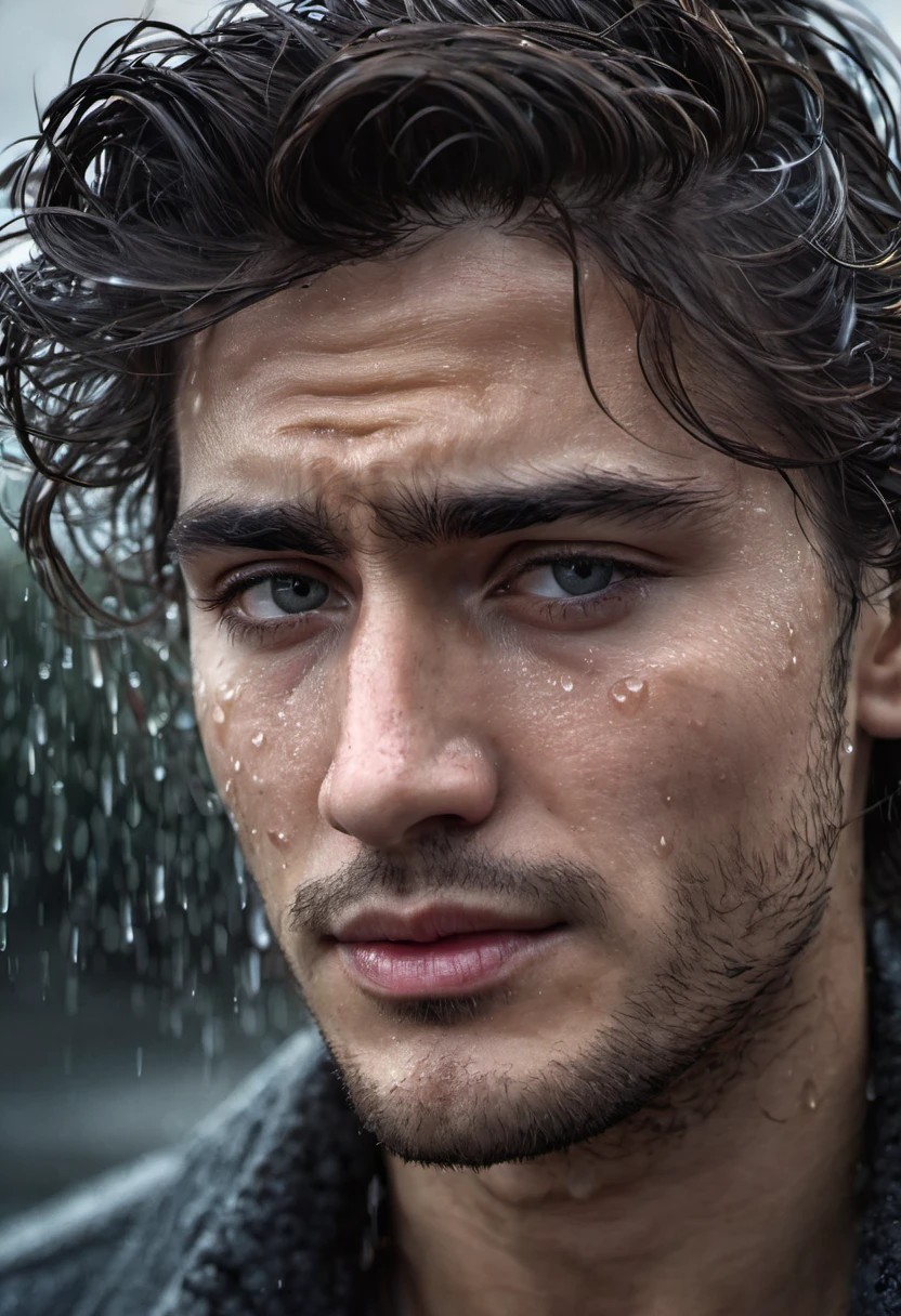 (best quality,4k,highres:1.2),ultra-detailed,(realistic:1.37) Close up of a very beautiful man's face, wind blowing through his long lustrous hair, he is crying. Medium: Portraits Additional details: Raindrops falling gently on his face, sadness in his expressive eyes, intense emotion captured in his facial features, the tears glistening on his cheeks, a soft expression of longing, a subtle smile amidst the tears. Image quality: Crystal clear details, every strand of hair visible, vibrant colors, sharp focus, realistic depiction of tears. Artistic style: Realism, capturing the raw beauty of the moment. Color tone: Cool and muted tones, emphasizing the melancholic atmosphere. Lighting: Soft, natural lighting casting shadows on his face, highlighting the contours and adding depth to the image.