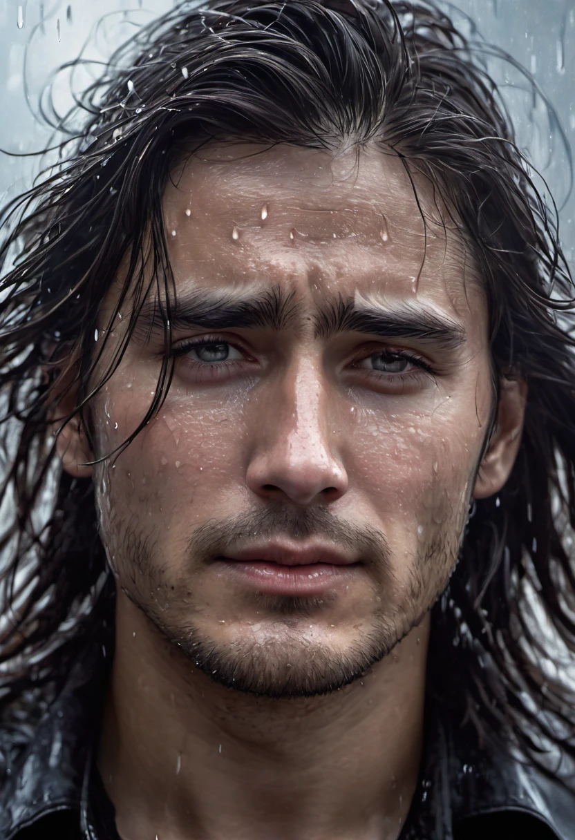 (best quality,4k,highres:1.2),ultra-detailed,(realistic:1.37) Close up of a very beautiful man's face, wind blowing through his long lustrous hair, he is crying. Medium: Portraits Additional details: Raindrops falling gently on his face, sadness in his expressive eyes, intense emotion captured in his facial features, the tears glistening on his cheeks, a soft expression of longing, a subtle smile amidst the tears. Image quality: Crystal clear details, every strand of hair visible, vibrant colors, sharp focus, realistic depiction of tears. Artistic style: Realism, capturing the raw beauty of the moment. Color tone: Cool and muted tones, emphasizing the melancholic atmosphere. Lighting: Soft, natural lighting casting shadows on his face, highlighting the contours and adding depth to the image.
