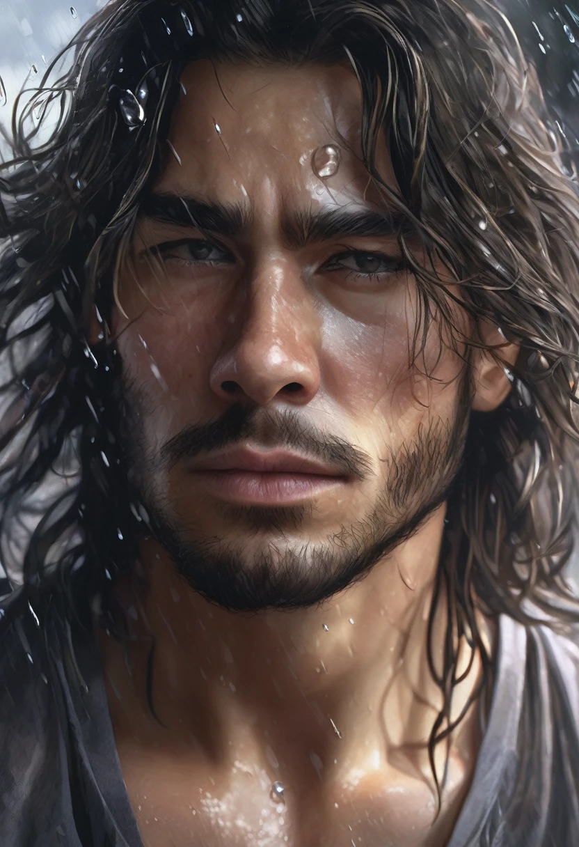 (best quality,4k,highres:1.2),ultra-detailed,(realistic:1.37) Close up of a very beautiful man's face, wind blowing through his long lustrous hair, he is crying. Medium: Portraits Additional details: Raindrops falling gently on his face, sadness in his expressive eyes, intense emotion captured in his facial features, the tears glistening on his cheeks, a soft expression of longing, a subtle smile amidst the tears. Image quality: Crystal clear details, every strand of hair visible, vibrant colors, sharp focus, realistic depiction of tears. Artistic style: Realism, capturing the raw beauty of the moment. Color tone: Cool and muted tones, emphasizing the melancholic atmosphere. Lighting: Soft, natural lighting casting shadows on his face, highlighting the contours and adding depth to the image.