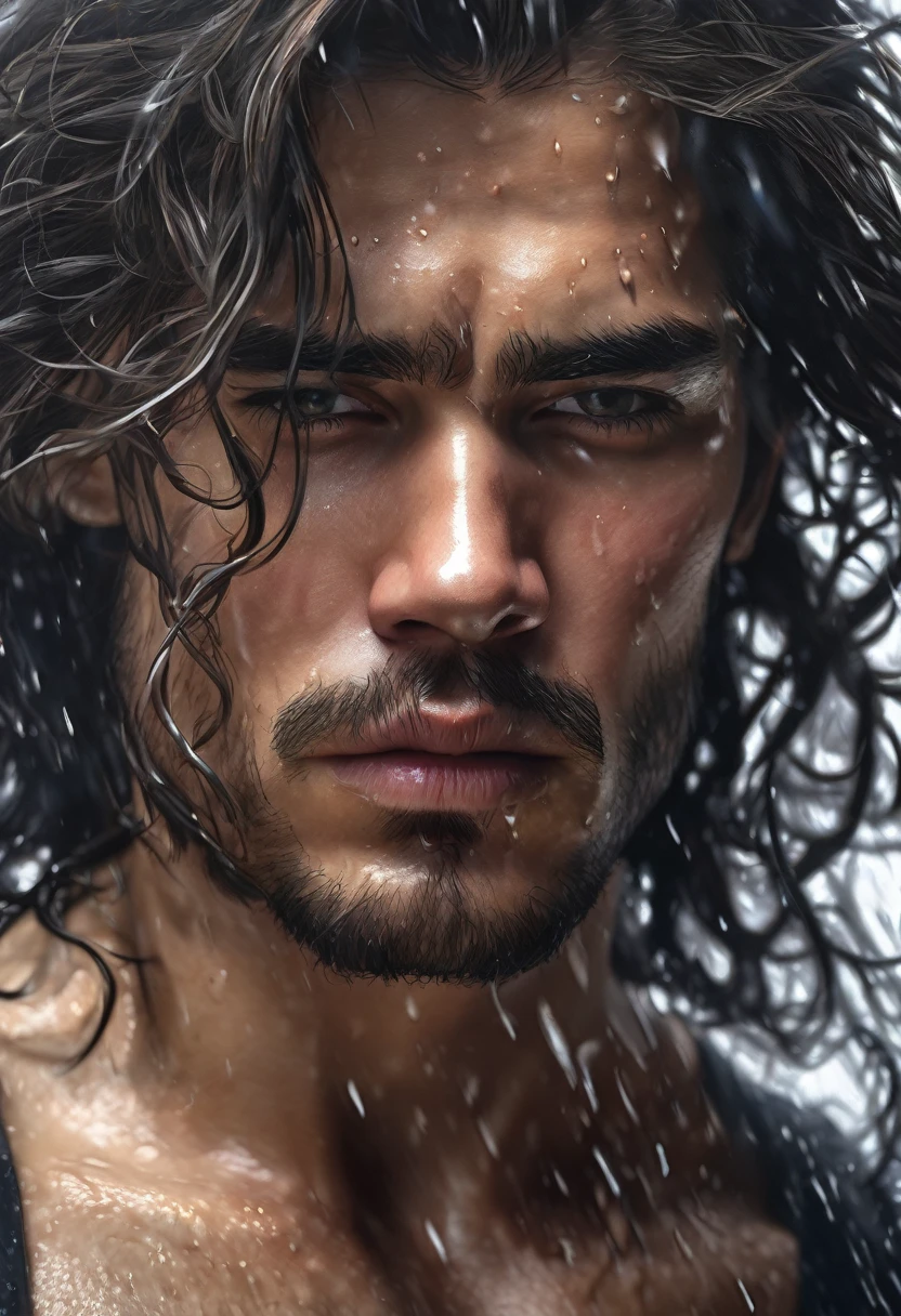 (best quality,4k,highres:1.2),ultra-detailed,(realistic:1.37) Close up of a very beautiful man's face, wind blowing through his long lustrous hair, he is crying. Medium: Portraits Additional details: Raindrops falling gently on his face, sadness in his expressive eyes, intense emotion captured in his facial features, the tears glistening on his cheeks, a soft expression of longing, a subtle smile amidst the tears. Image quality: Crystal clear details, every strand of hair visible, vibrant colors, sharp focus, realistic depiction of tears. Artistic style: Realism, capturing the raw beauty of the moment. Color tone: Cool and muted tones, emphasizing the melancholic atmosphere. Lighting: Soft, natural lighting casting shadows on his face, highlighting the contours and adding depth to the image.