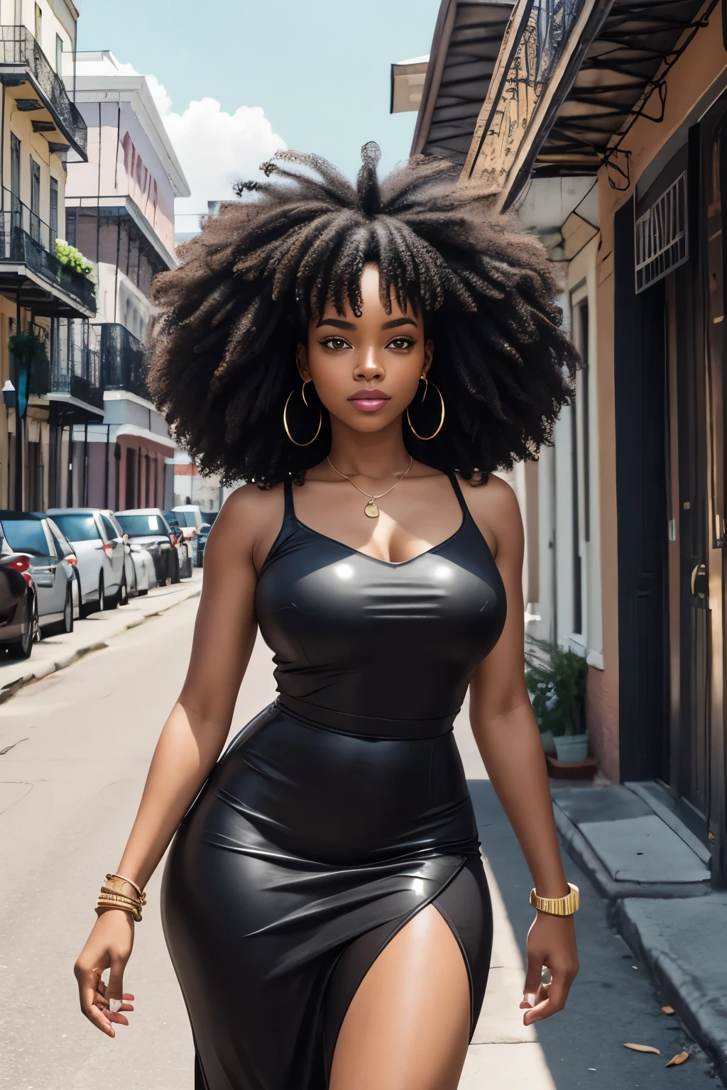 Ethnicity: African AmericanHair: The woman's hair is styled in a voluminous afro, with strands of varying lengths framing her face in a natural, carefree manner.Eye Shape: Her eyes are wide-set and almond-shaped, with a hint of mischief twinkling in their deep, dark brown depths.Body Type: She has a slender yet athletic build, with defined muscles and a confident posture that exudes strength and grace.Eye Color: Her eyes are a rich, chocolate brown, reflecting the warmth and depth of her soul.City and State: New Orleans, LouisianaDescription: Our subject is a captivating African American woman hailing from the vibrant streets of New Orleans, Louisiana. Her hair is a testament to her individuality, styled in a voluminous afro that radiates confidence and self-expression. With wide-set, almond-shaped eyes that sparkle with mischief, she invites you to join her on an adventure through the colorful streets of her hometown. Her slender yet athletic build speaks to her strength and resilience, embodying the spirit of the city she calls home. As the camera captures her from a slightly tilted angle, the Instagram color filter adds a touch of nostalgia, evoking the timeless charm of New Orleans' historic architecture and lively culture.
