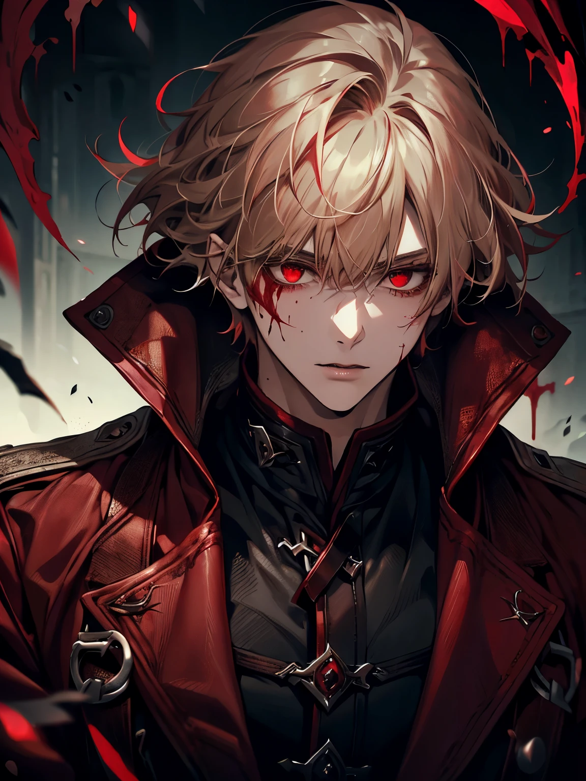 Solo, male, red coat, red eyes , straight facial, short Length hair, with bangs, blonde and gradiant black streaks color, blood magic, blood