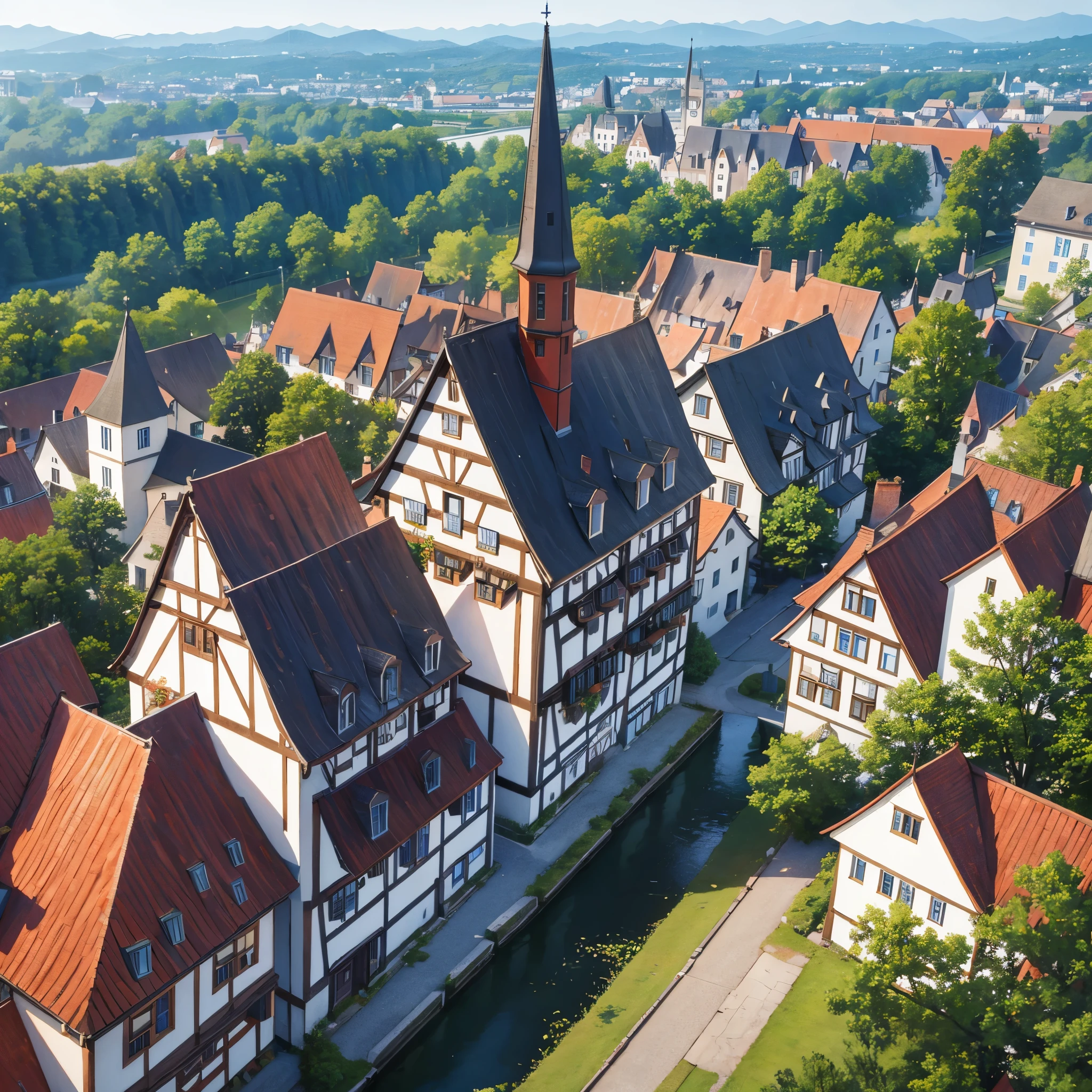 A traditional German town with varying sizes, trees, roads, and diverse structures
