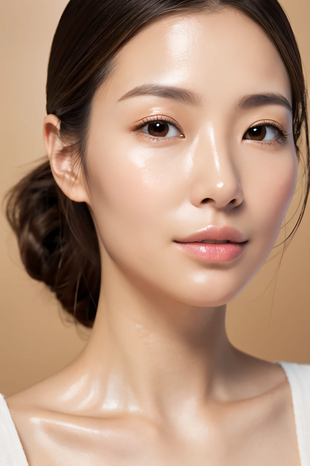 ultra-realistic capture, very detailed, High resolution 16K close-up of human skin. Skin texture must be natural, So much detail that you can see even your pores. skin should look white, with an even tone. Use natural light and color、40 year old Japanese woman、realistic texture、(very shiny skin)、professional makeup、glowing skin