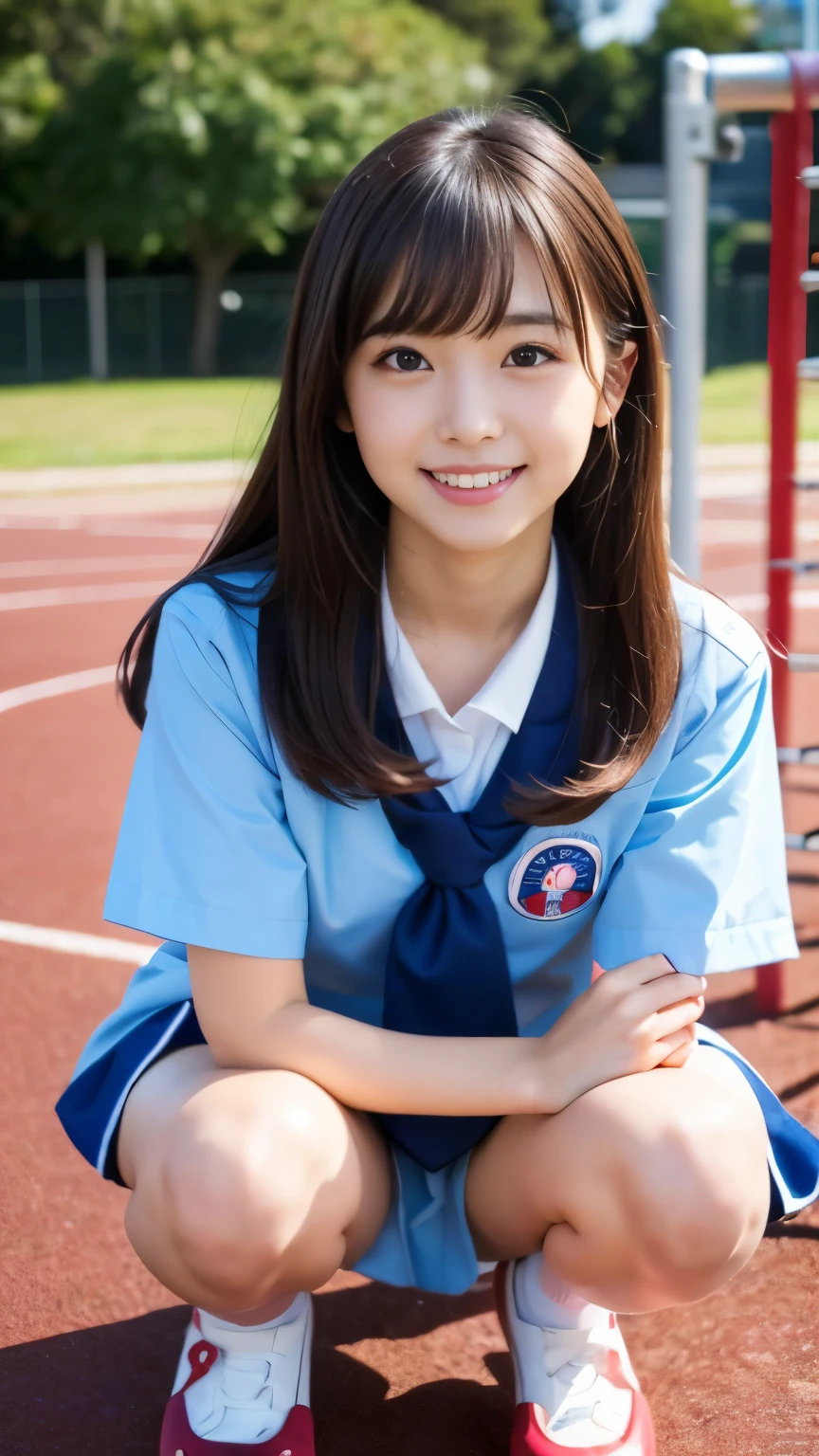 Best-quality, Masterpiece, Ultra-High-Resolution, (Photorealistic:1.4), Raw-Photo, full-body-shot, front-view, 1girl, the most famous Japanese idol, squatting at playground, wearing Japanese-high-school-uniform, (extremely cute face like the most popular Japanese idol, (extremely beautiful big-eyes)), extremely beautiful hair, extremely beautiful skins, extremely beautiful long-eyelashes, extremely beautiful lips, extremely beautiful short-body, extremely beautiful thighs, innocent-smile, looking at viewer, dynamic-pose, detailed playground, detailed Japanese-high-school-uniform, detailed Panchira