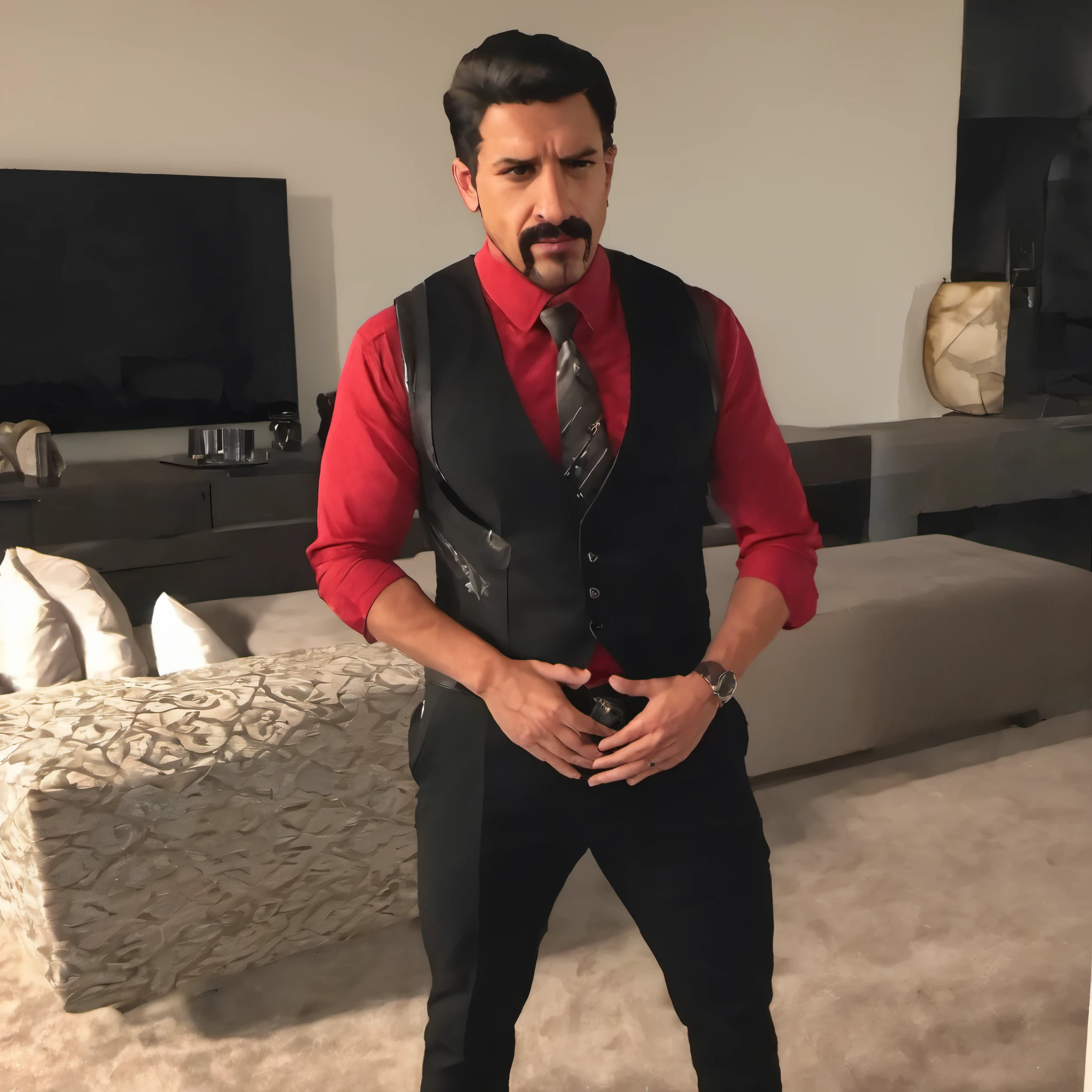 (obra maestra, Mejor calidad:1.2), 1 chico, solo, thenahualli, serious, dangerous man, elegant, black vest, red shirt, black pants, thick penis, uncut penis, showing thick penis, from front, sit, sit on sofa, in a luxury penthouse in Las Vegas, Las Vegas, nsfw