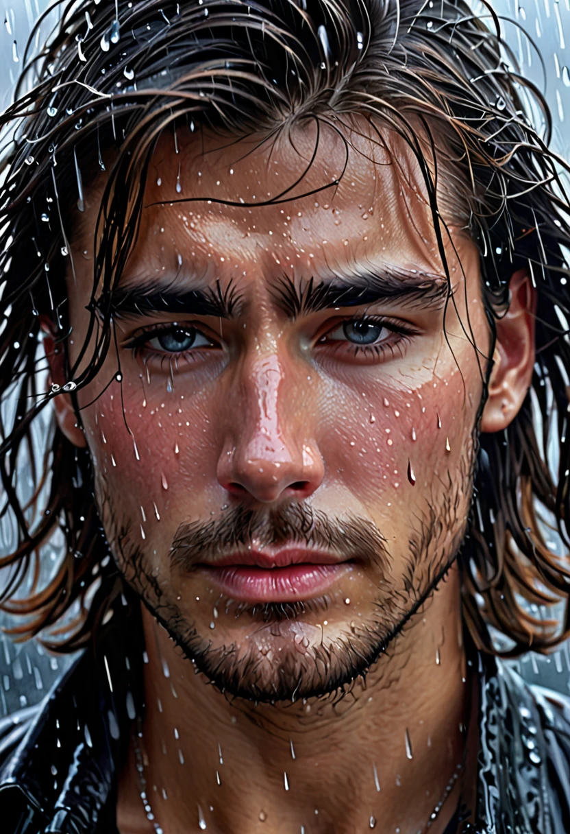 (best quality,4k,highres:1.2),ultra-detailed,(realistic:1.37) Close up of a very beautiful man's face, wind blowing through his long lustrous hair, he is crying. Medium: Portraits Additional details: Raindrops falling gently on his face, sadness in his expressive eyes, intense emotion captured in his facial features, the tears glistening on his cheeks, a soft expression of longing, a subtle smile amidst the tears. Image quality: Crystal clear details, every strand of hair visible, vibrant colors, sharp focus, realistic depiction of tears. Artistic style: Realism, capturing the raw beauty of the moment. Color tone: Cool and muted tones, emphasizing the melancholic atmosphere. Lighting: Soft, natural lighting casting shadows on his face, highlighting the contours and adding depth to the image.