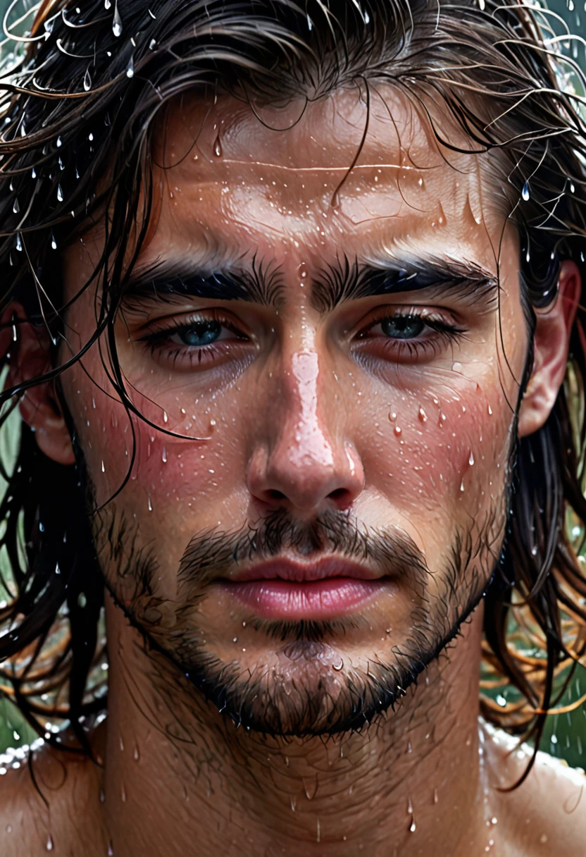 (best quality,4k,highres:1.2),ultra-detailed,(realistic:1.37) Close up of a very beautiful man's face, wind blowing through his long lustrous hair, he is crying. Medium: Portraits Additional details: Raindrops falling gently on his face, sadness in his expressive eyes, intense emotion captured in his facial features, the tears glistening on his cheeks, a soft expression of longing, a subtle smile amidst the tears. Image quality: Crystal clear details, every strand of hair visible, vibrant colors, sharp focus, realistic depiction of tears. Artistic style: Realism, capturing the raw beauty of the moment. Color tone: Cool and muted tones, emphasizing the melancholic atmosphere. Lighting: Soft, natural lighting casting shadows on his face, highlighting the contours and adding depth to the image.