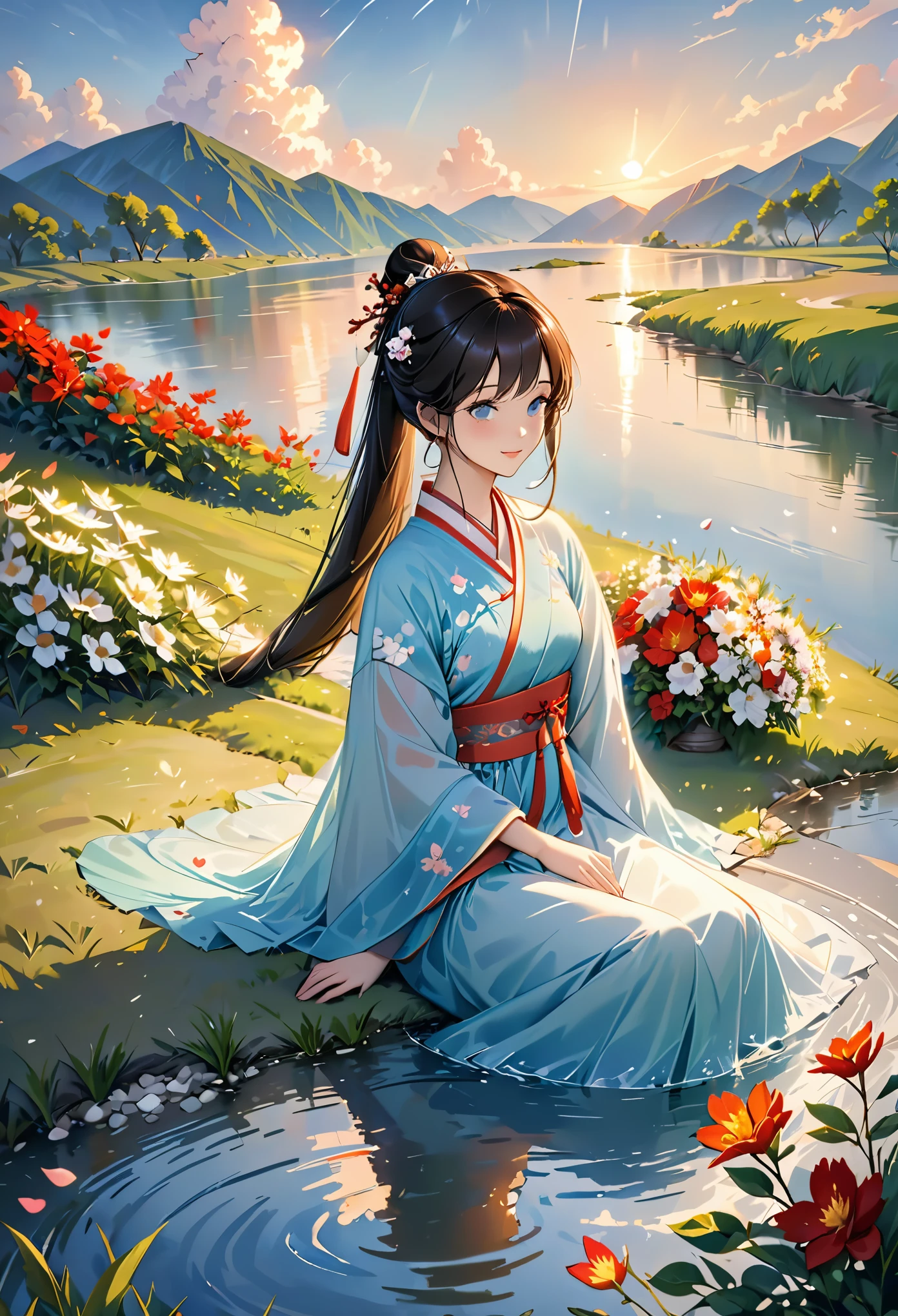 (8k, best quality, masterpiece:1.2), (realistic, photo-realistic:1.5),1girl, cute, sitting, dating, (smile:1.15), (closed mouth) medium breasts, beautiful detailed eyes, (Hanfu, tang, Tang Dynasty, Tang clothing: 1.4),full body, ((topless)), ((bra)), beautiful and delicate water, the finest grass, very delicate light, nature, painting, water spray, breeze, flowers and grass meadow, near the water edge, (sunset, starry sky in a circle), randomly distributed clouds, river, splashing water, falling petals