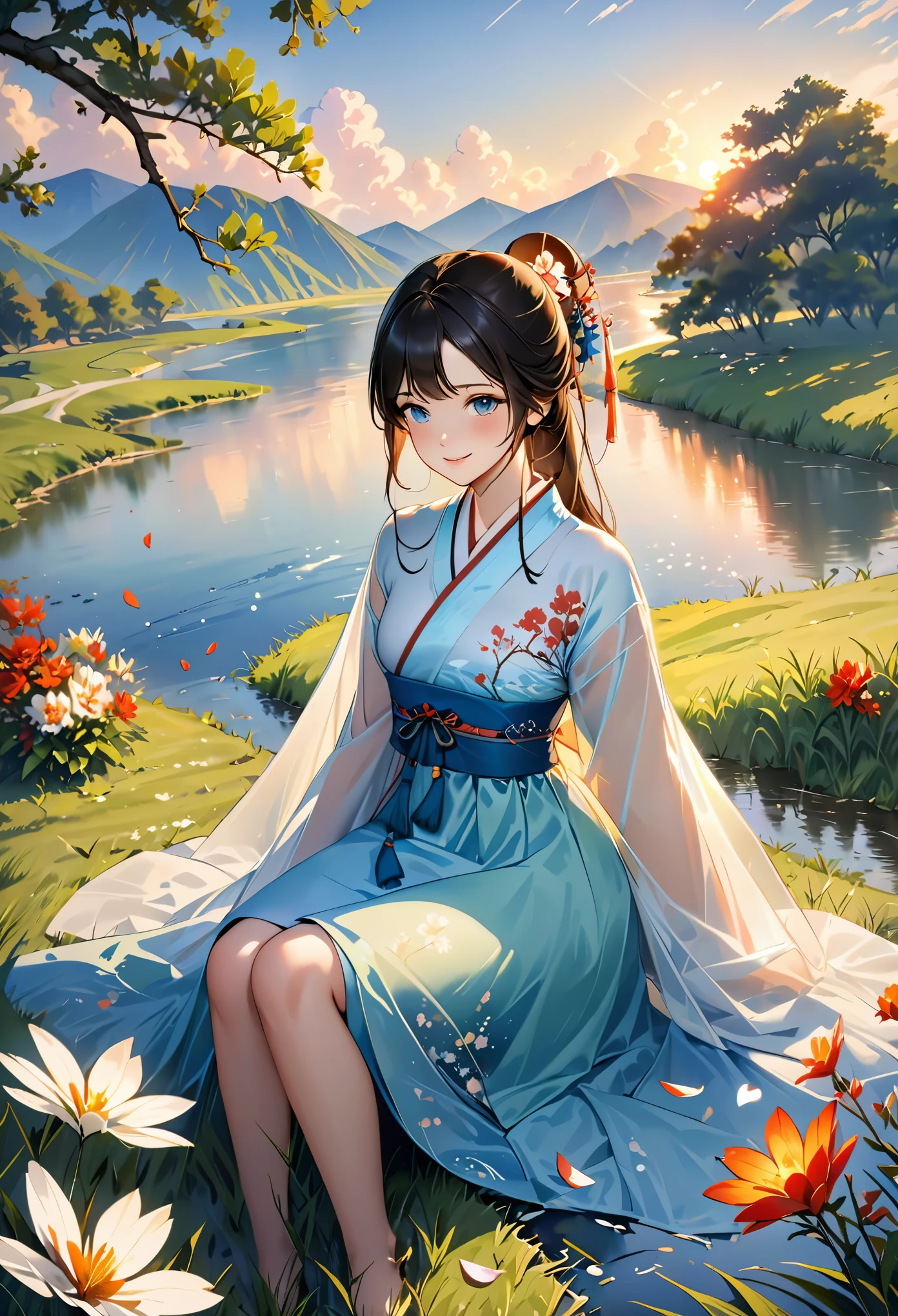 (8k, best quality, masterpiece:1.2), (realistic, photo-realistic:1.5),1girl, cute, sitting, dating, (smile:1.15), (closed mouth) medium breasts, beautiful detailed eyes, (Hanfu, tang, Tang Dynasty, Tang clothing: 1.4),full body, ((topless)), ((bra)), beautiful and delicate water, the finest grass, very delicate light, nature, painting, water spray, breeze, flowers and grass meadow, near the water edge, (sunset, starry sky in a circle), randomly distributed clouds, river, splashing water, falling petals