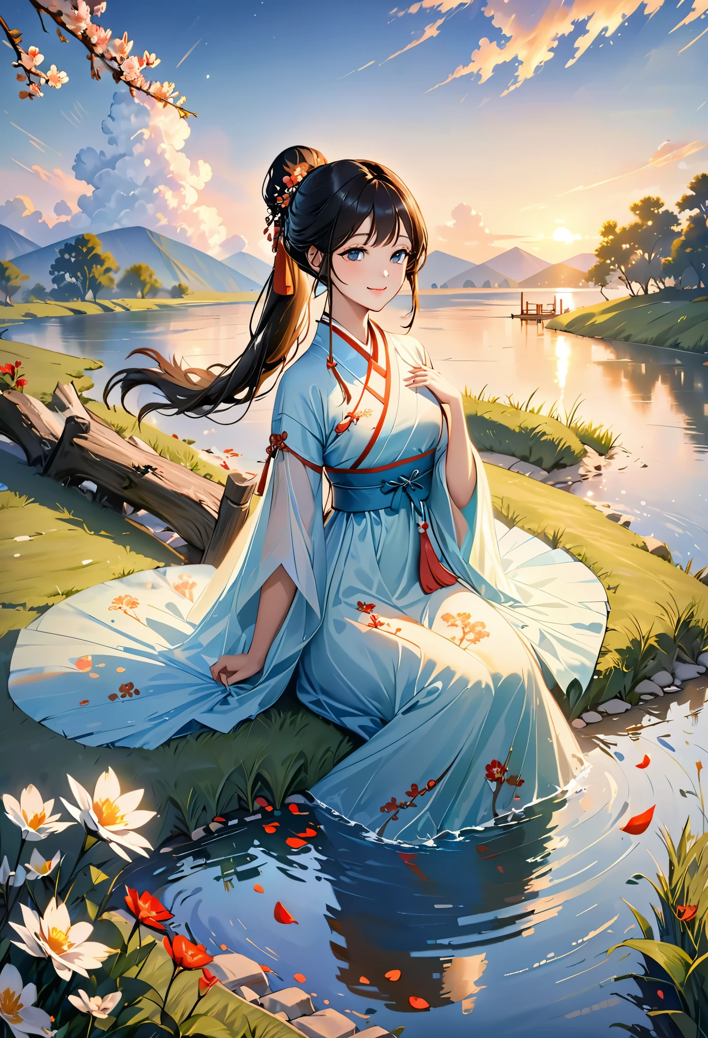 (8k, best quality, masterpiece:1.2), (realistic, photo-realistic:1.5),1girl, cute, sitting, dating, (smile:1.15), (closed mouth) medium breasts, beautiful detailed eyes, (Hanfu, tang, Tang Dynasty, Tang clothing: 1.4),full body, ((topless)), ((bra)), beautiful and delicate water, the finest grass, very delicate light, nature, painting, water spray, breeze, flowers and grass meadow, near the water edge, (sunset, starry sky in a circle), randomly distributed clouds, river, splashing water, falling petals