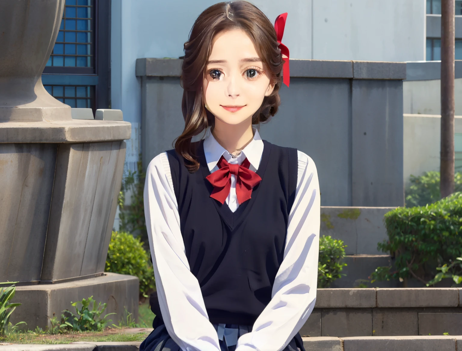 Only one girl is in the picture、smile、wearing a high school uniform（white shirt、red ribbon、black sweater vest、skirt）、solo shot、medium long hair、brown hair