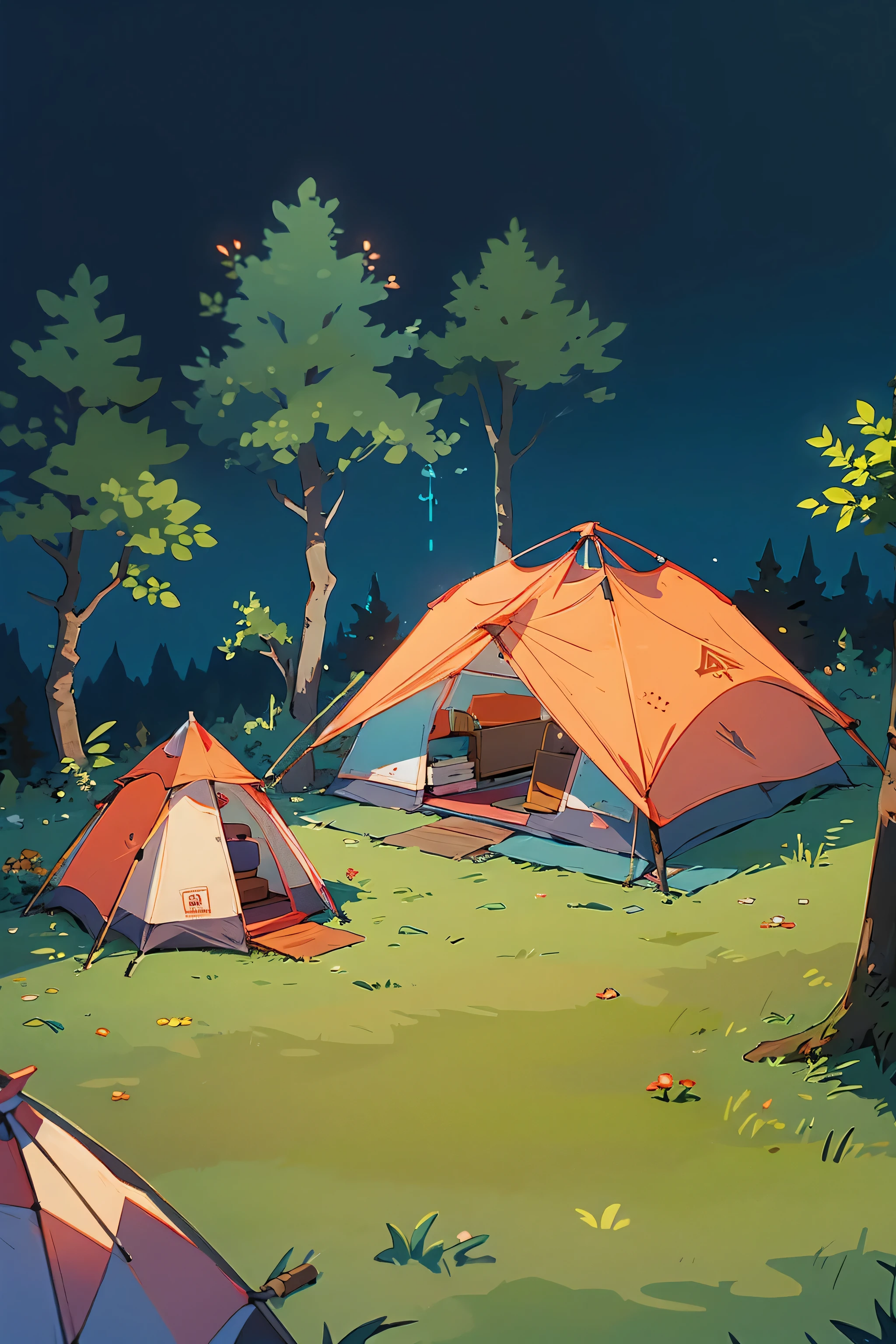 camping,forest,two tents,bonfire