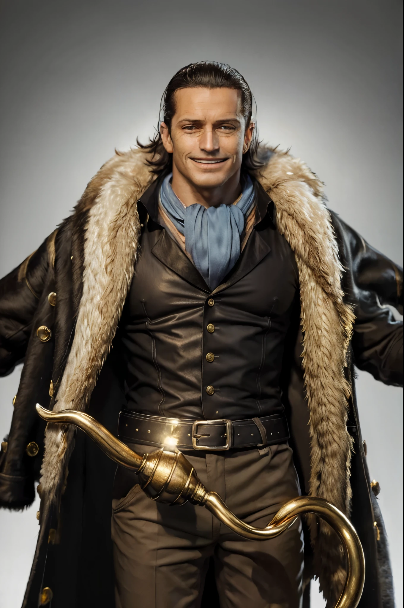 masterpiece, best quality, extremely detailed, hyperrealistic, photorealistic, a cool 40s man, ultra detailed face:1.2, fur-trimmed coat, scarf around the neck, his left hand is a golden pirate hook:1.1, white background, sly smile
