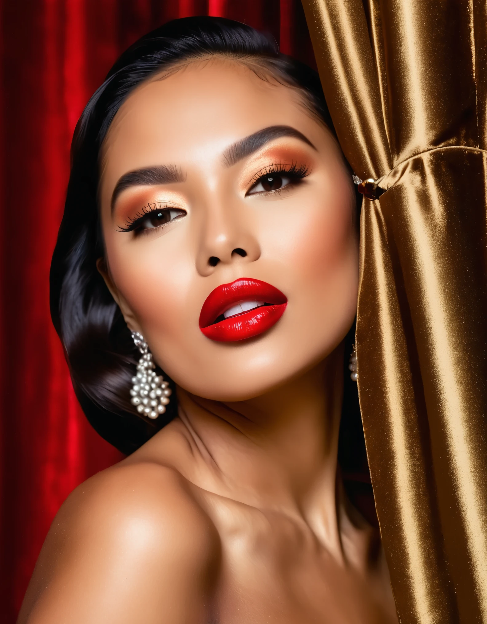 A glamorous woman with radiant skin and a bold red lip, posed against a luxurious velvet curtain backdrop.