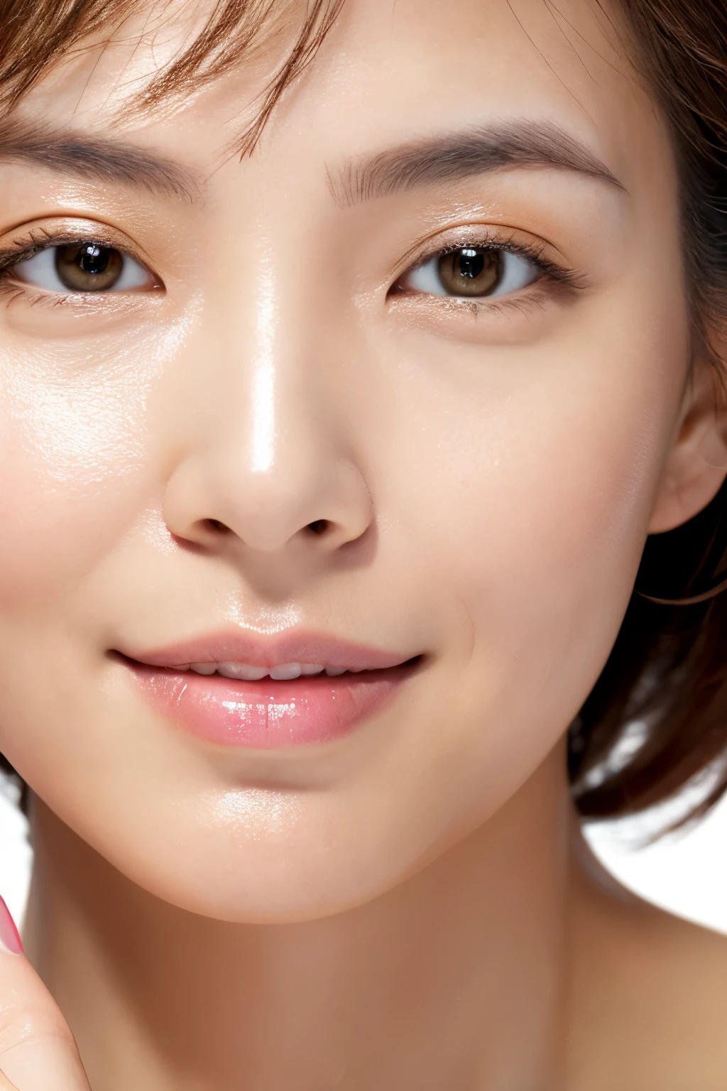 ultra-realistic capture, very detailed, High resolution 16K close-up of human skin. Skin texture must be natural, So much detail that you can see even your pores. skin should look white, with an even tone. Use natural light and color、Japan woman 57 years old、I have laugh lines、older age、realistic texture、(very shiny skin)、professional makeup、glowing skin、long hair