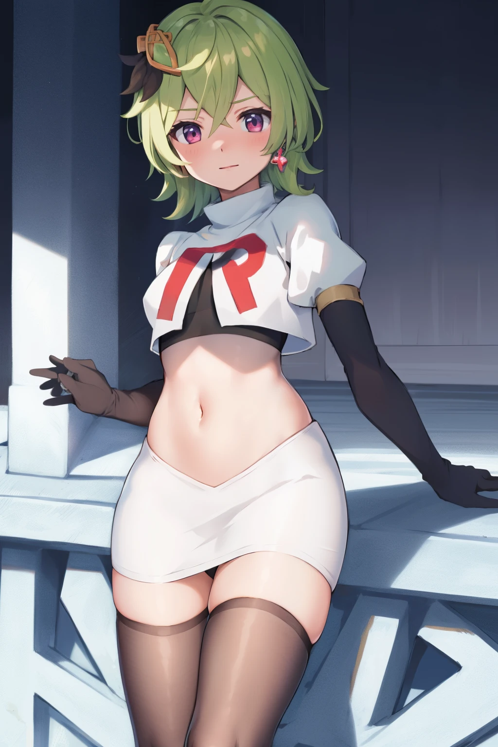 colleidef, blush, outdoors, short hair, team rocket,team rocket uniform, red letter R, white skirt,white crop top,black thigh-highs,black elbow gloves
