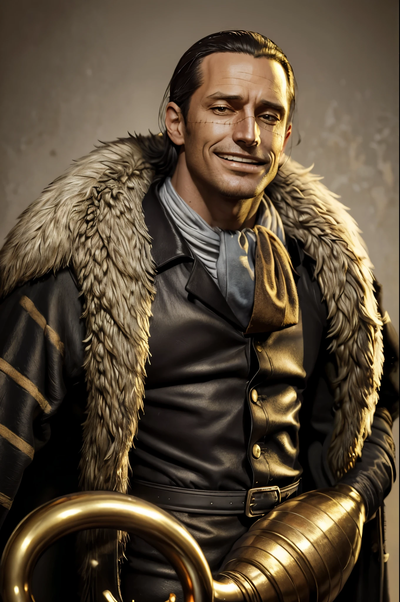 masterpiece, best quality, extremely detailed, hyperrealistic, photorealistic, a cool 40s man, ultra detailed face:1.2, fur-trimmed coat, scarf around the neck, his left hand is a golden pirate hook:1.1, white background, sly smile