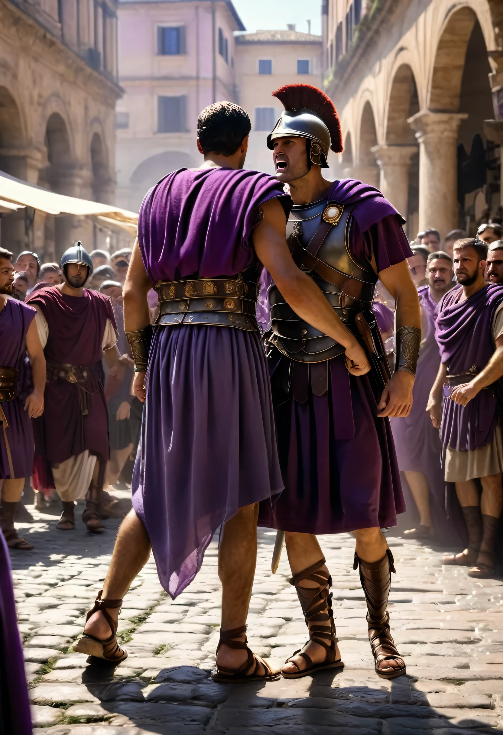 Best quality, 4k, high-end, ultra fine: 1.2), realistic, ancient roman, A Roman soldier arresting a man for wearing purple, Wide shot, A Roman soldier roughly grabs a man wearing a purple tunic in a bustling marketplace. Angry citizens watch the scene unfold, Harsh sunlight highlights the commotion.