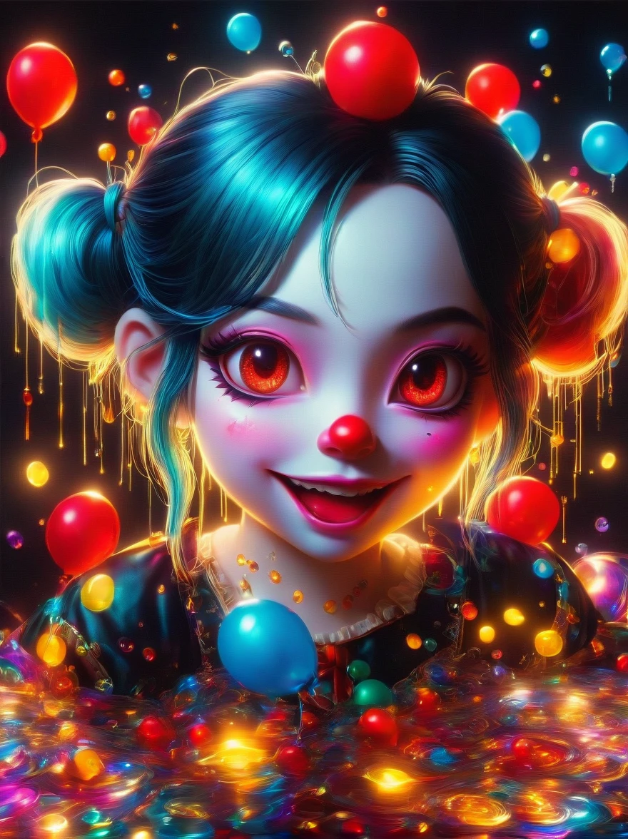 masterpiece，，stills，1girl，floating into the sky，close up，gloomily，((gloomy，cry，sob，tearful，shed tears:1.8))，gloomy的光线和温暖，Sun sets，（spark of light：0.7），卡通close up红发女人，creepy clown girl，Harley Quinn，goth clown girl，whole body concept，Necromancer，，chuck style，Smart style，dark screen tone