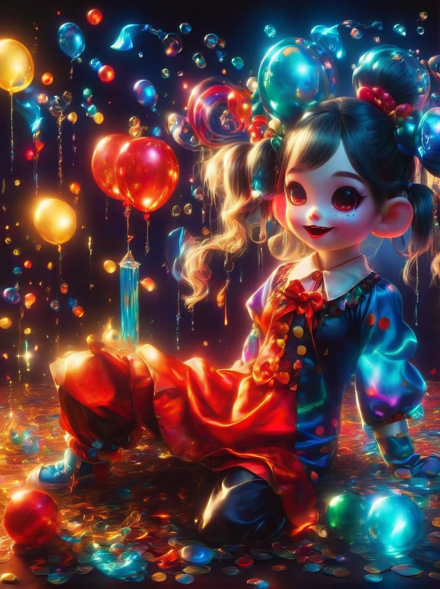 masterpiece，，stills，1girl，floating into the sky，close up，gloomily，((gloomy，cry，sob，tearful，shed tears:1.8))，gloomy的光线和温暖，Sun sets，（spark of light：0.7），卡通close up红发女人，creepy clown girl，Harley Quinn，goth clown girl，whole body concept，Necromancer，，chuck style，Smart style，dark screen tone