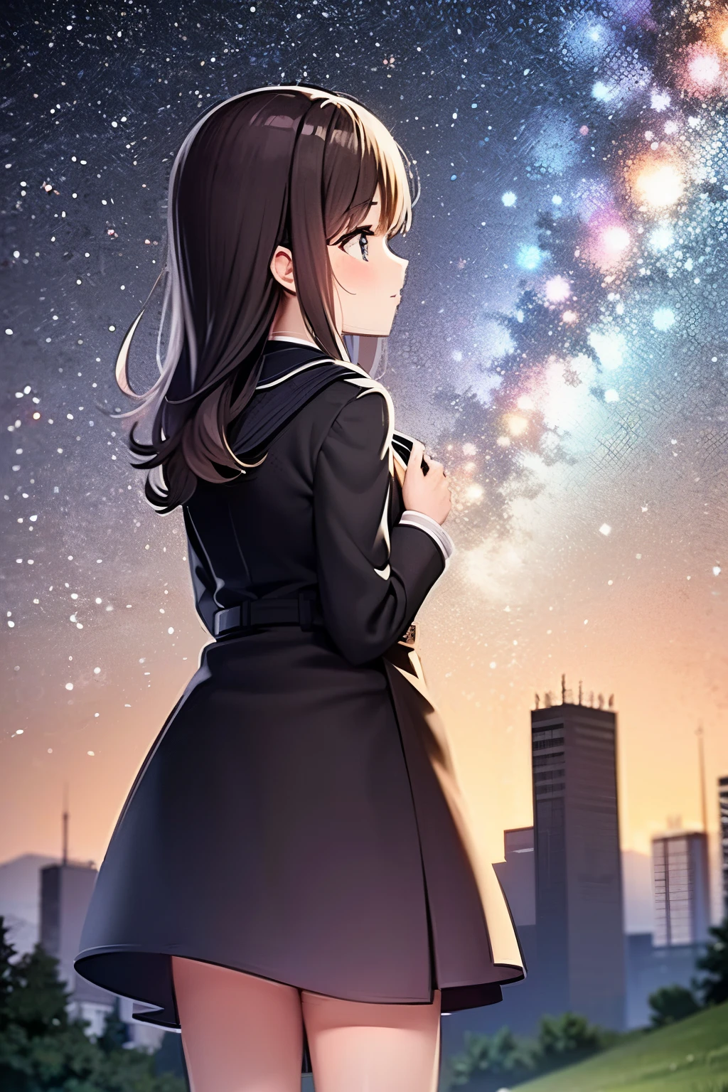 MS, 1 girl, back view,alone, On the hill, Jacket, Sling Bag, look up, night sky, milky way, perfect quality, good quality, masterpiece, HDR, UHD
