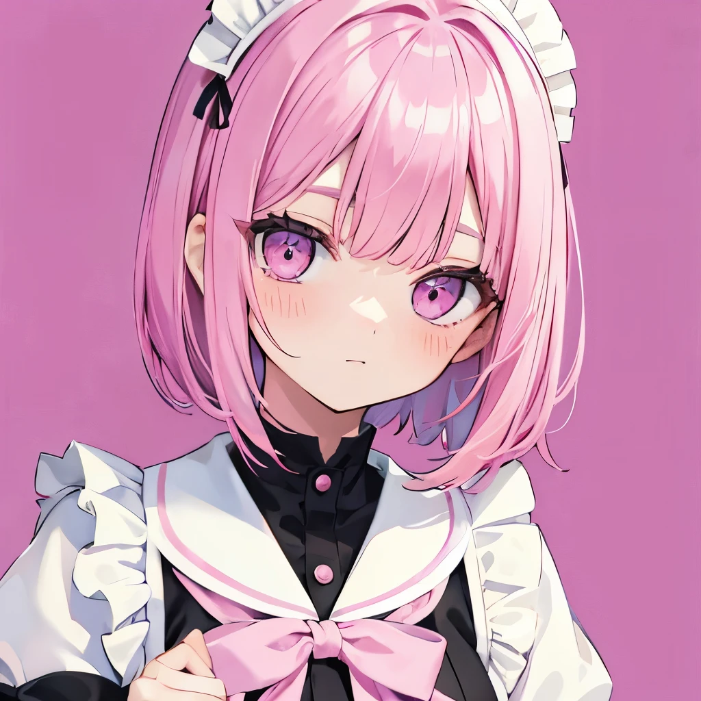 Maid uniform Nurse Pink eyes Pink hair Yandere Cute Bob hair Illustration from the chest up Dark pink background Thick bangs Hairpin in the bangs