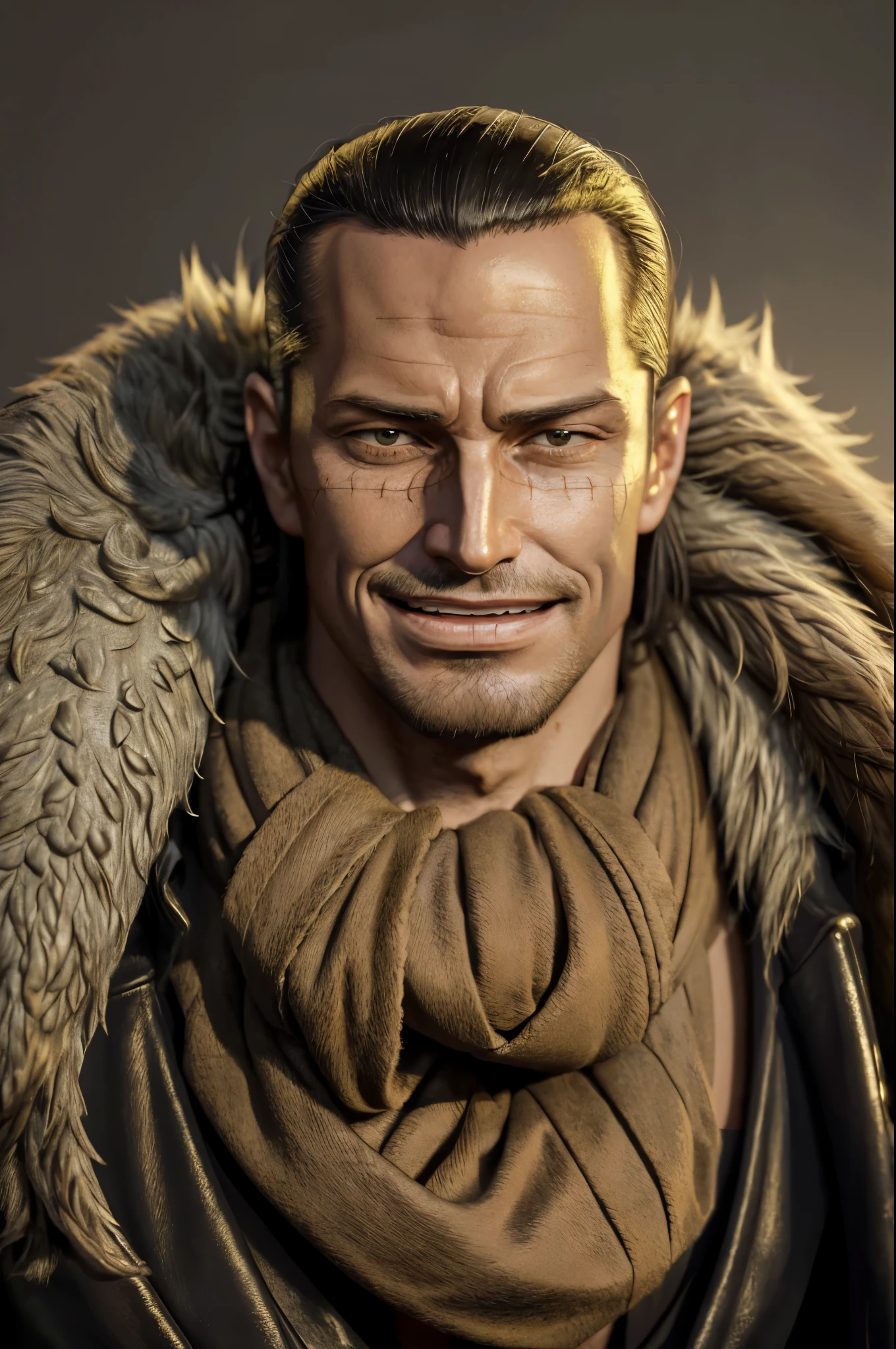 masterpiece, best quality, extremely detailed, hyperrealistic, photorealistic, a cool 40s man, ultra detailed face:1.2, fur-trimmed coat, scarf around the neck, his left hand is a golden pirate hook:1.1, white background, sly smile
