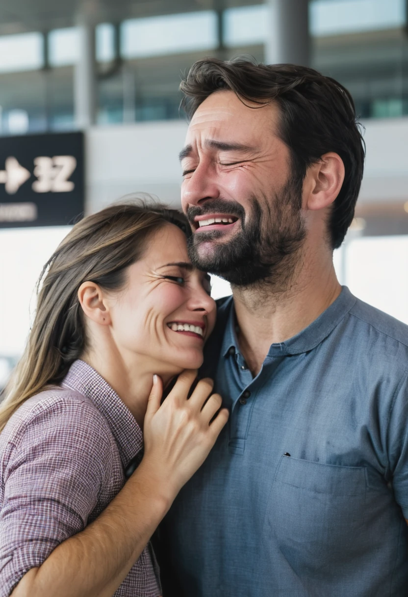A 39 years old men crying to see his lover in the airport