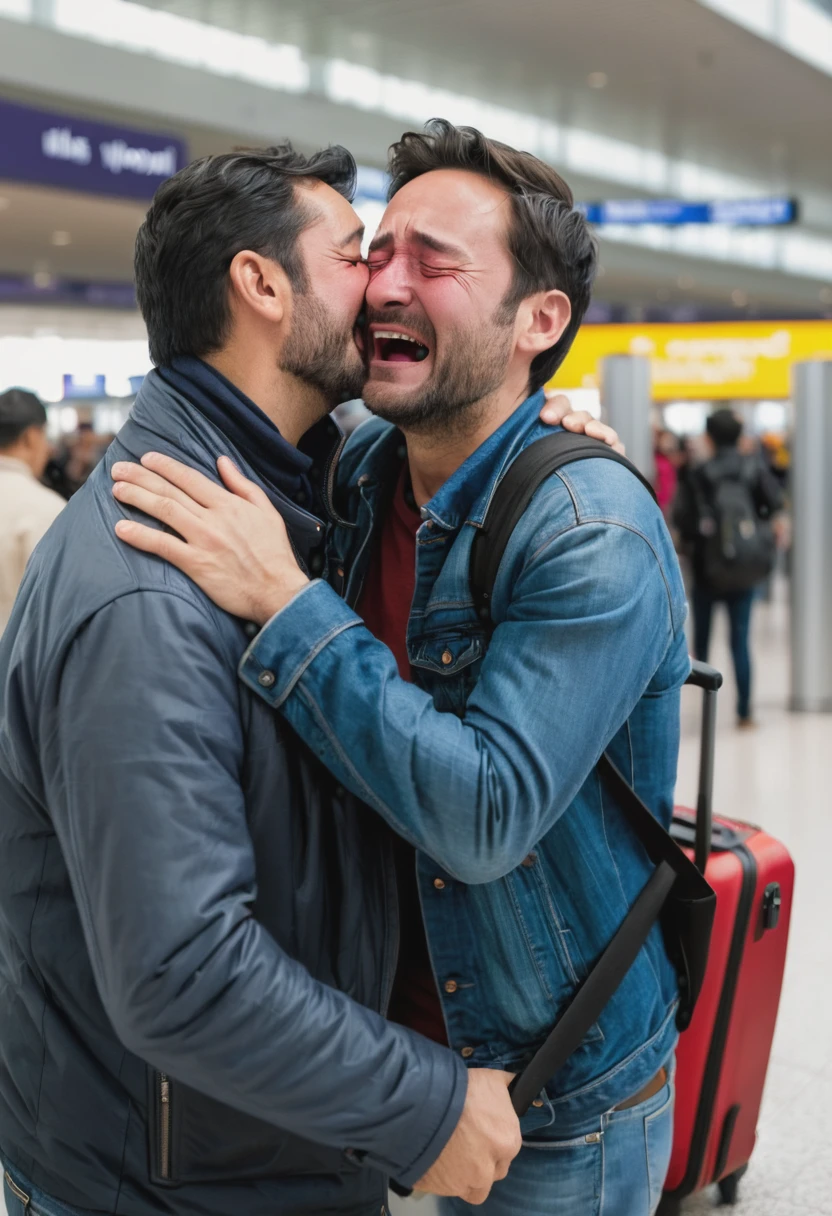 A 39 years old men crying to see his lover in the airport