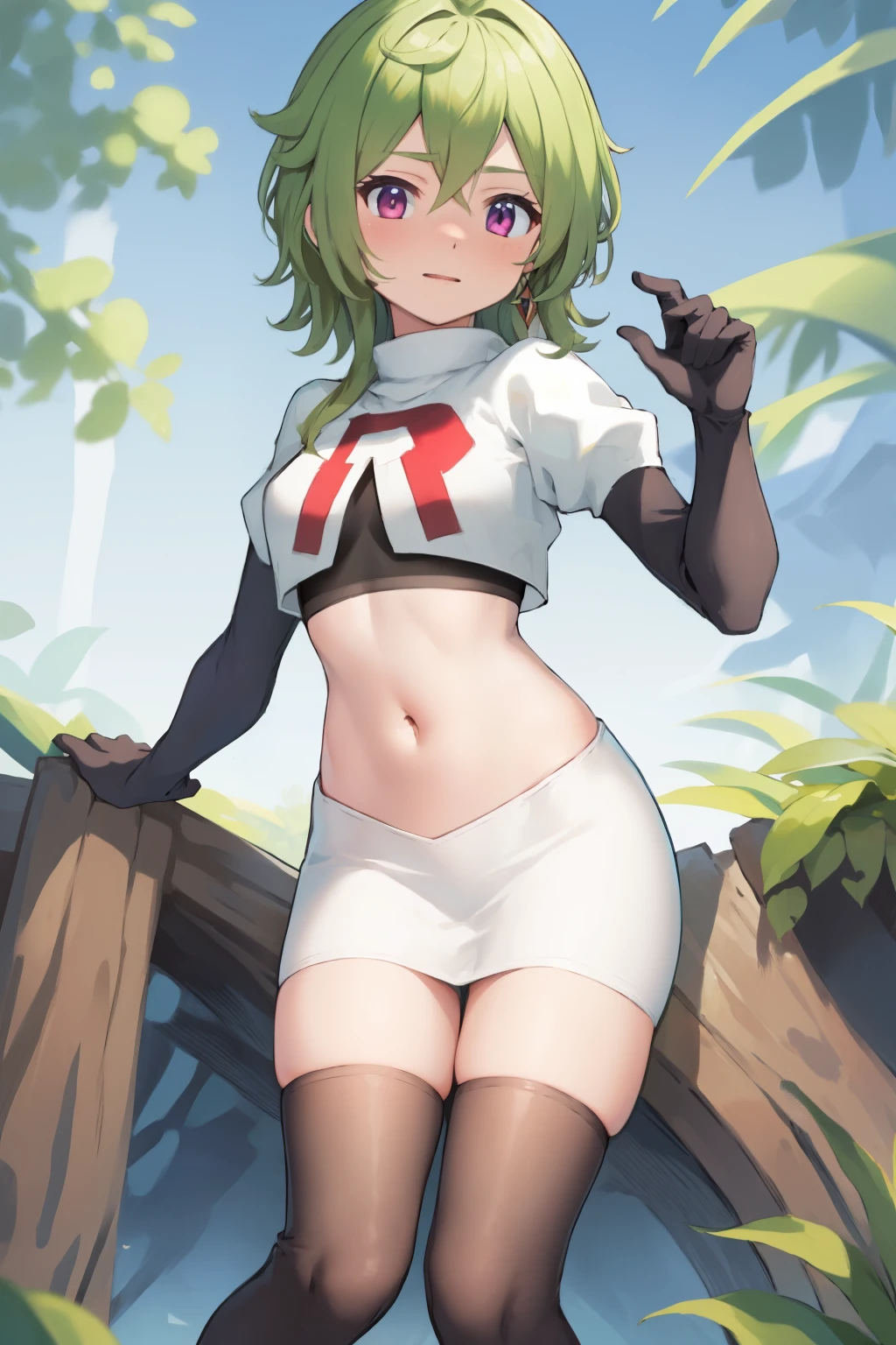 colleidef, blush, outdoors, short hair, team rocket,team rocket uniform, red letter R, white skirt,white crop top,black thigh-highs,black elbow gloves