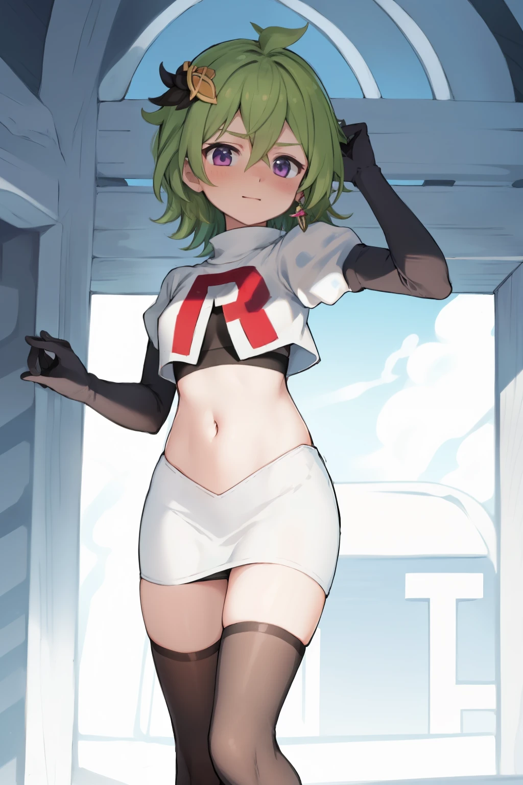 colleidef, blush, outdoors, short hair, team rocket,team rocket uniform, red letter R, white skirt,white crop top,black thigh-highs,black elbow gloves