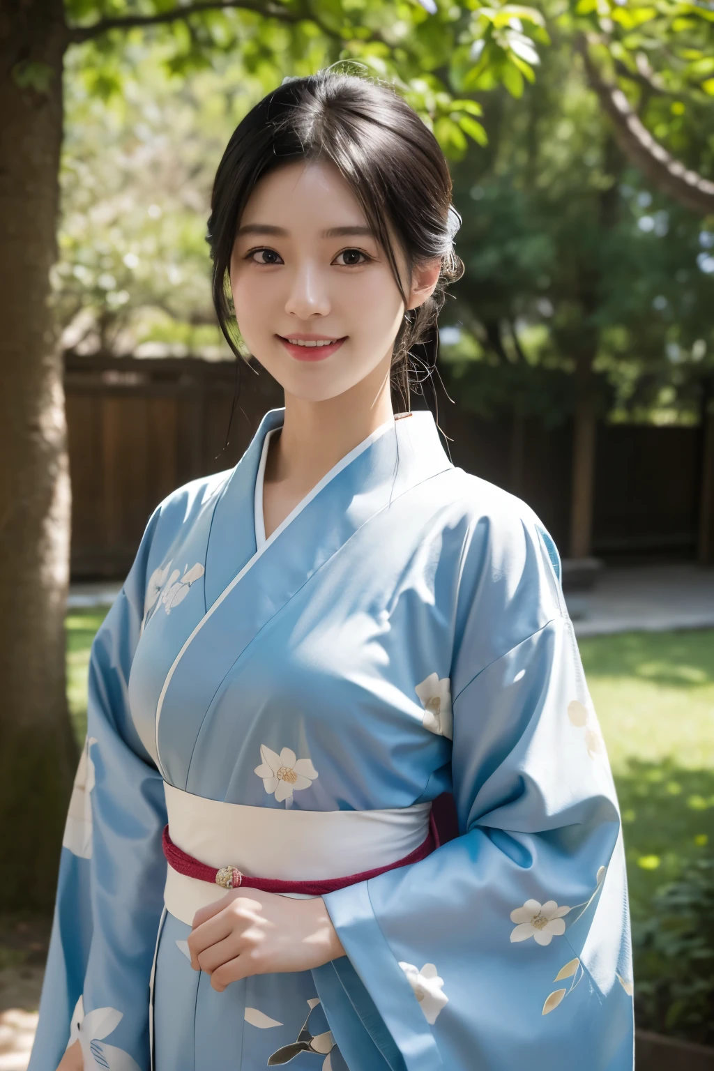 (kimono)、Random pose、(top quality,Masterpiece:1.3,ultra high resolution,),(super detailed,Caustics),(realism:1.4,Original photography,)Ultra-realistic capture,a very detailed,High resolution 16k human skin closeup、 natural skin texture、、Skin looks healthy and even-toned、 Use natural light and color,1 girl,Japanese,kawaii,A black-haired one,Zhongfa,,Smile,,(depth of field、Color difference、、Wide lighting range、natural shadow、)、