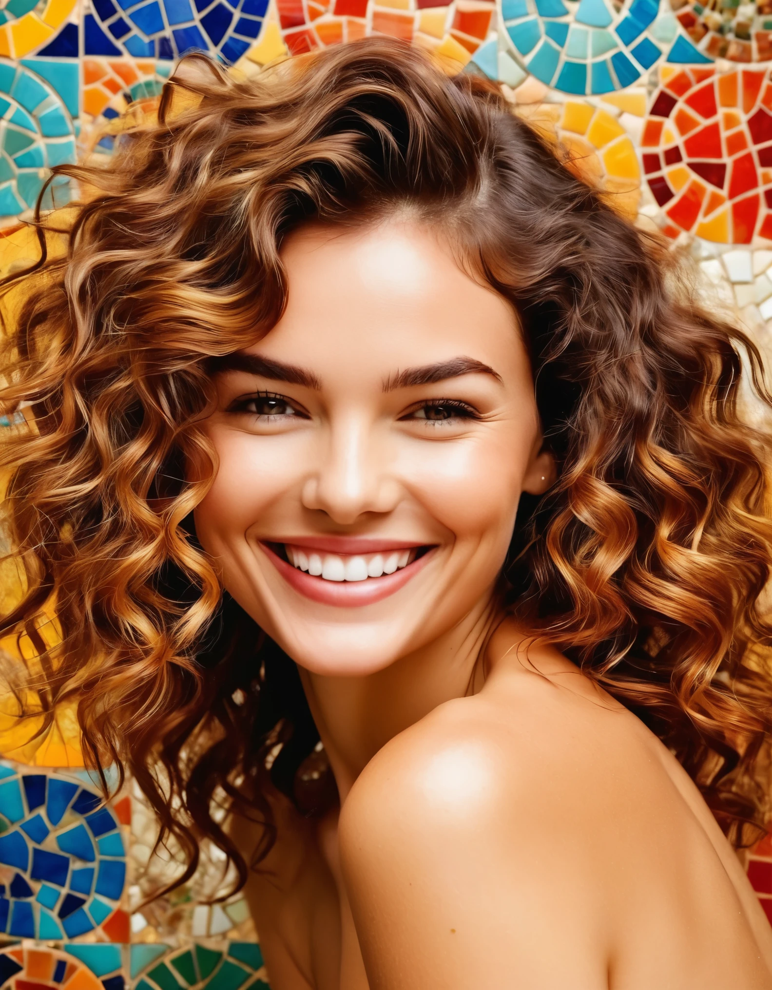 A captivating woman with tousled waves and a flirtatious smile, set against a vibrant, abstract mosaic pattern.