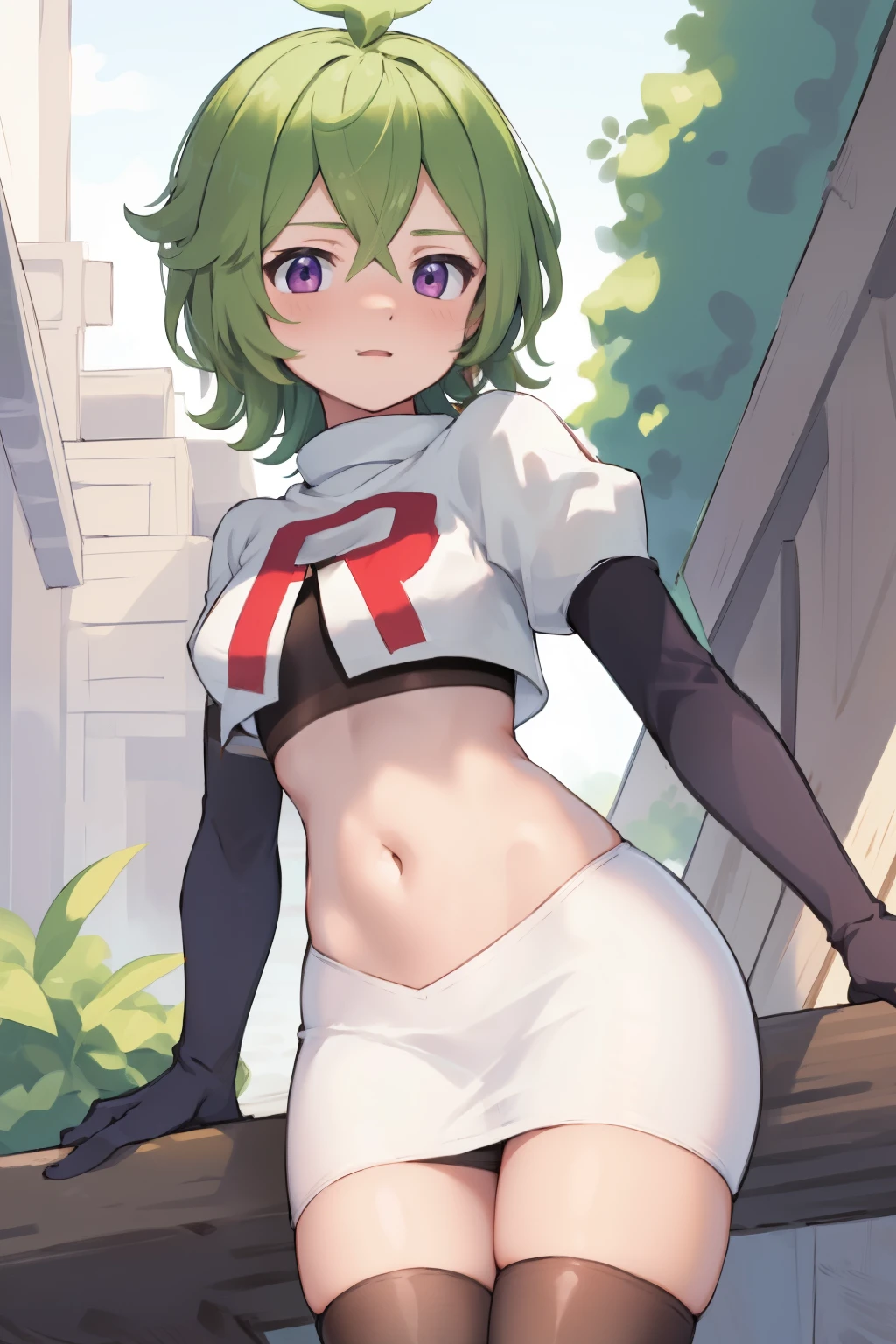 colleidef, blush, outdoors, short hair, team rocket,team rocket uniform, red letter R, white skirt,white crop top,black thigh-highs,black elbow gloves