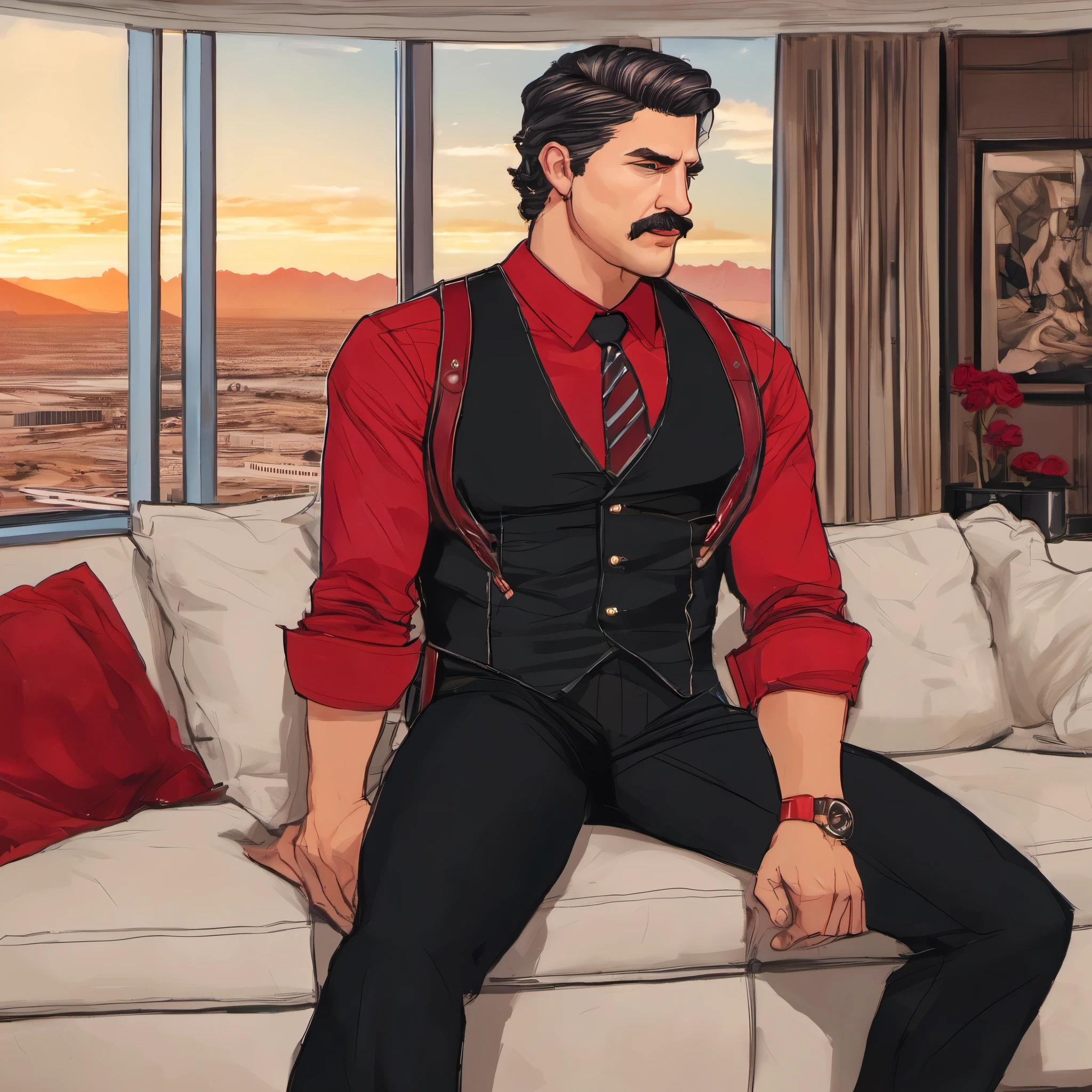 (obra maestra, Mejor calidad:1.2), 1 chico, solo, thenahualli, serious, dangerous man, elegant, black vest, red shirt, black pants, thick penis, uncut penis, showing thick penis, from front, sit, sit on sofa, in a luxury penthouse in Las Vegas, Las Vegas, nsfw, drawing, art