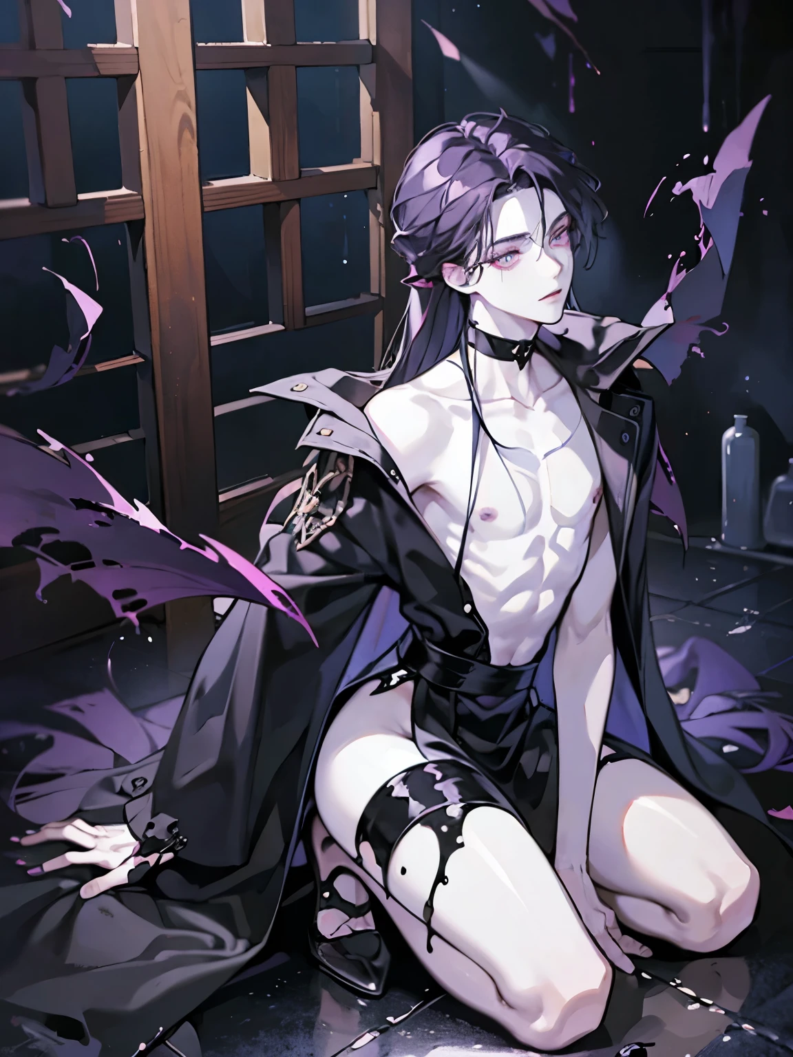 A young guy with long dark purple hair.lustful with white and black slime from the lower waist in a dark black place kneeling on the floor with his back arched, dark purple liquid slime all around his body, pale white skin, handsome lean male, graphic and detailed, glowy, shiny, slime on his body, half nude, dark mansion background