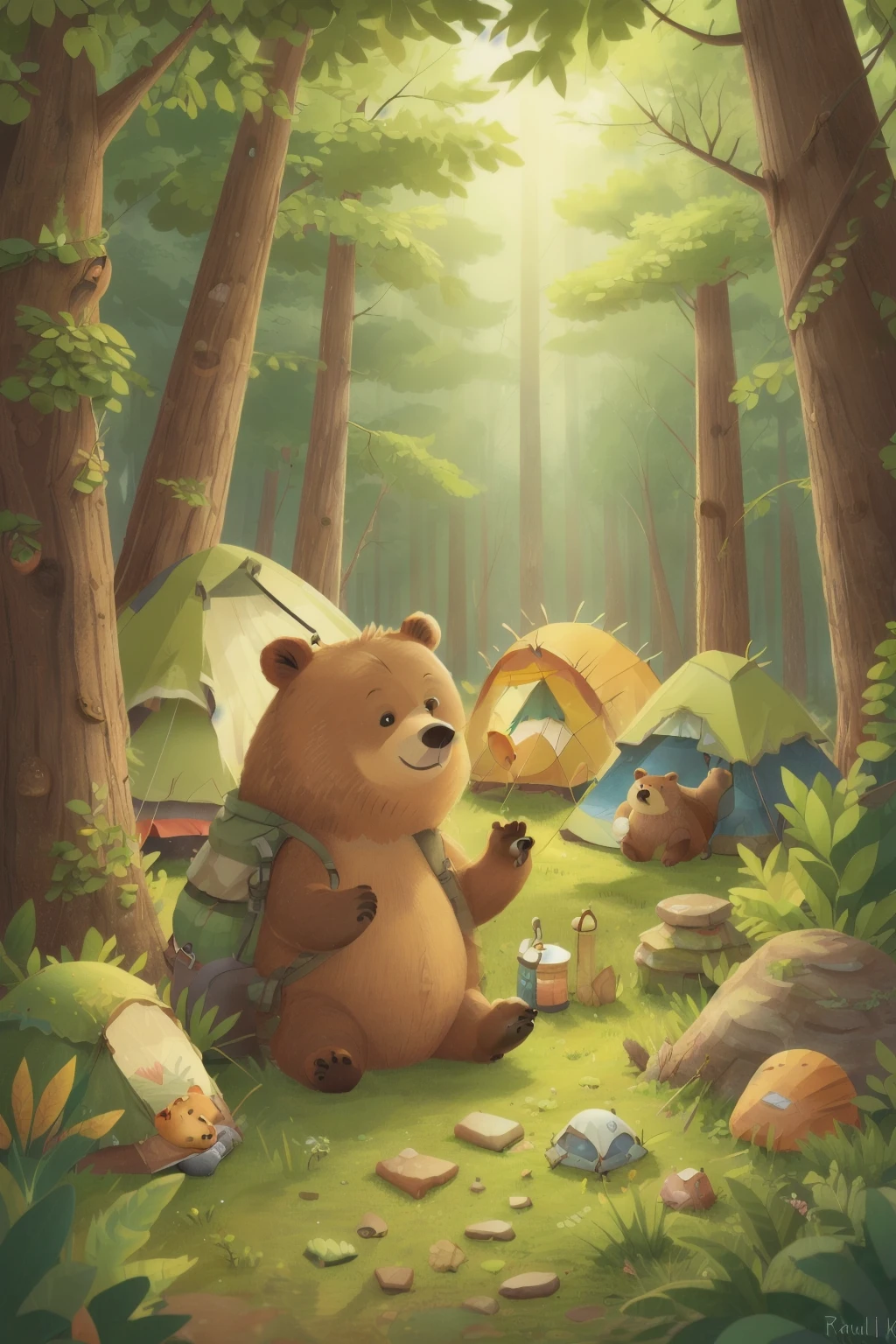 (a bear is camping,kid,Deciduous Forest)(best quality,ultra-detailed,realistic:1.37),bright sunlight,warm colors,soft shadows(portraits)