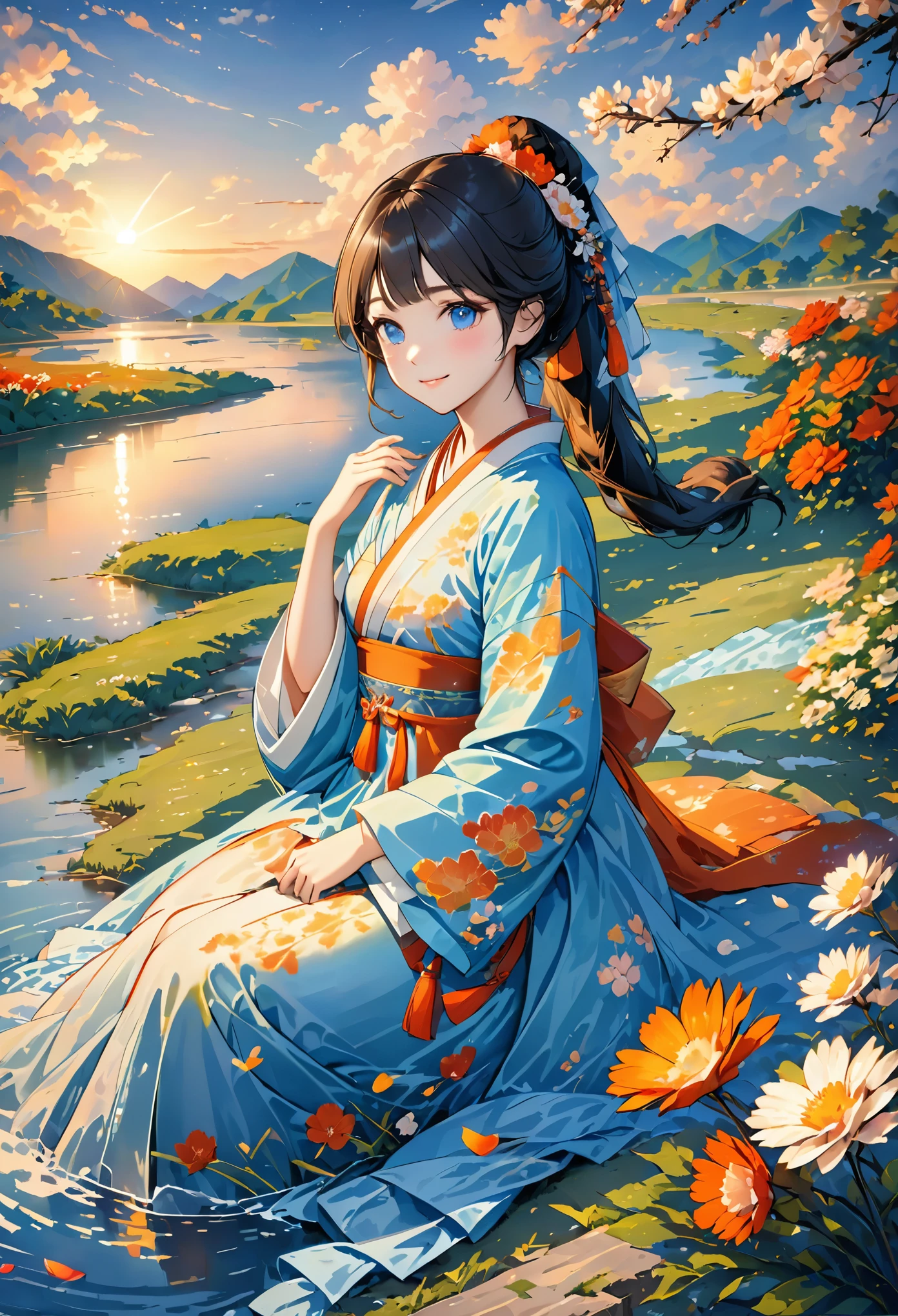 (8k, best quality, masterpiece:1.2), (realistic, photo-realistic:1.5),1girl, cute, sitting, dating, (smile:1.15), (closed mouth) medium breasts, beautiful detailed eyes, (Hanfu, tang, Tang Dynasty, Tang clothing: 1.4),full body, ((topless)), ((bra)), beautiful and delicate water, the finest grass, very delicate light, nature, painting, water spray, breeze, flowers and grass meadow, near the water edge, (sunset, starry sky in a circle), randomly distributed clouds, river, splashing water, falling petals