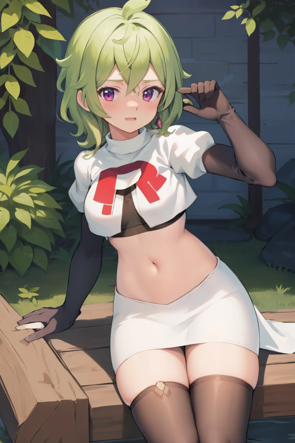 colleidef, blush, outdoors, short hair, team rocket,team rocket uniform, red letter R, white skirt,white crop top,black thigh-highs,black elbow gloves