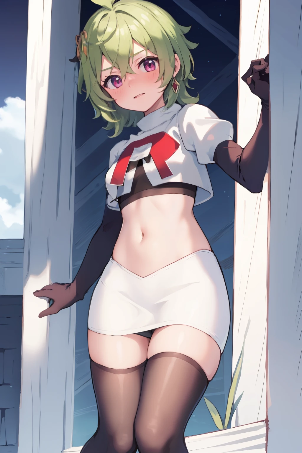 colleidef, blush, outdoors, short hair, team rocket,team rocket uniform, red letter R, white skirt,white crop top,black thigh-highs,black elbow gloves