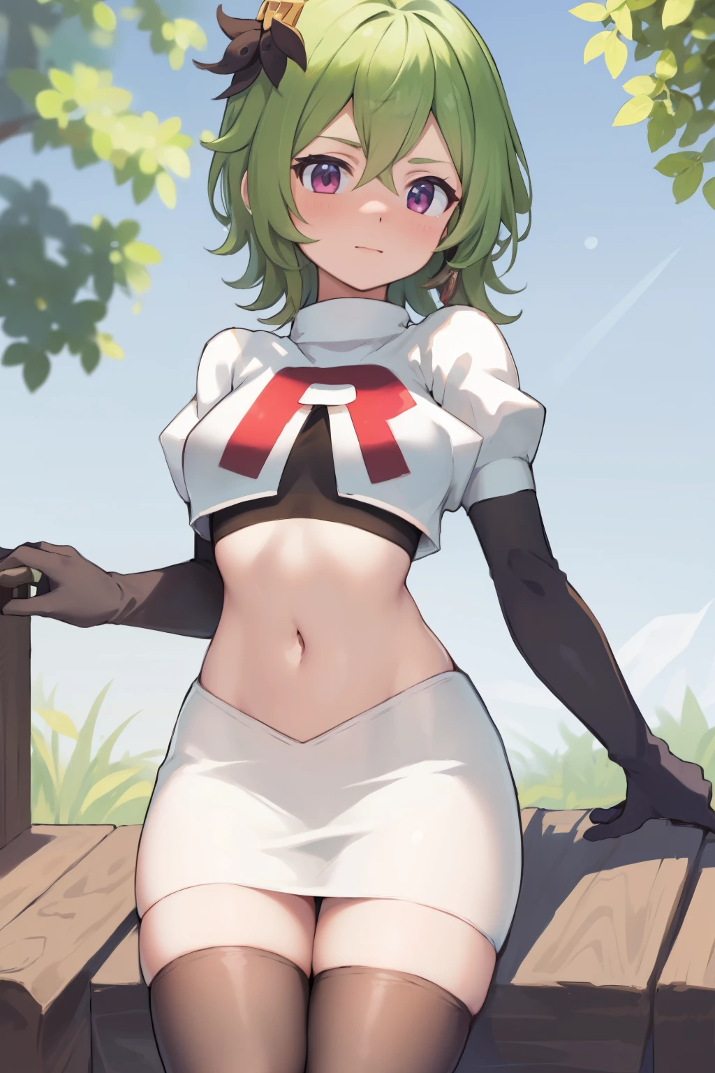 colleidef, blush, outdoors, short hair, team rocket,team rocket uniform, red letter R, white skirt,white crop top,black thigh-highs,black elbow gloves