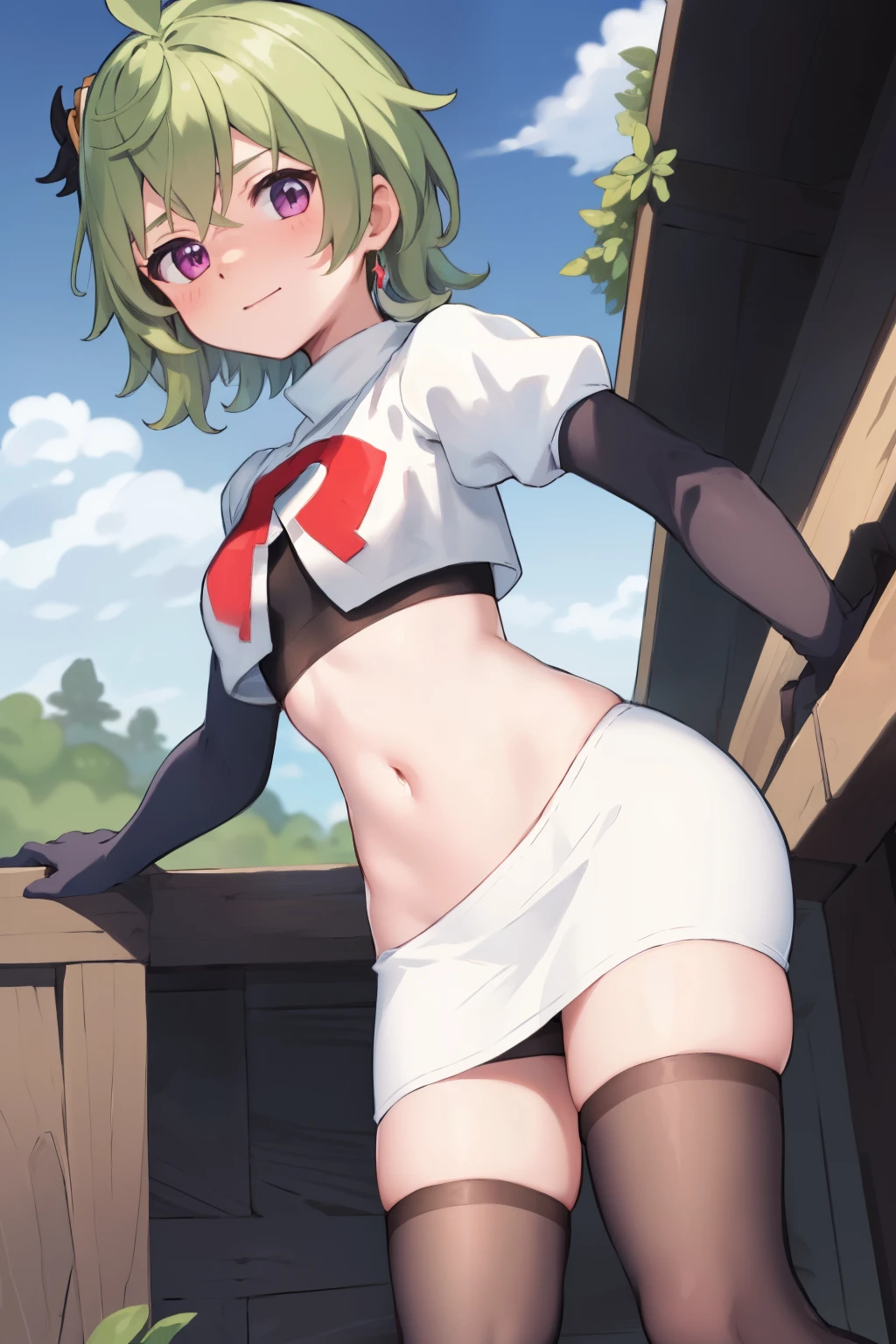 colleidef, blush, outdoors, short hair, team rocket,team rocket uniform, red letter R, white skirt,white crop top,black thigh-highs,black elbow gloves