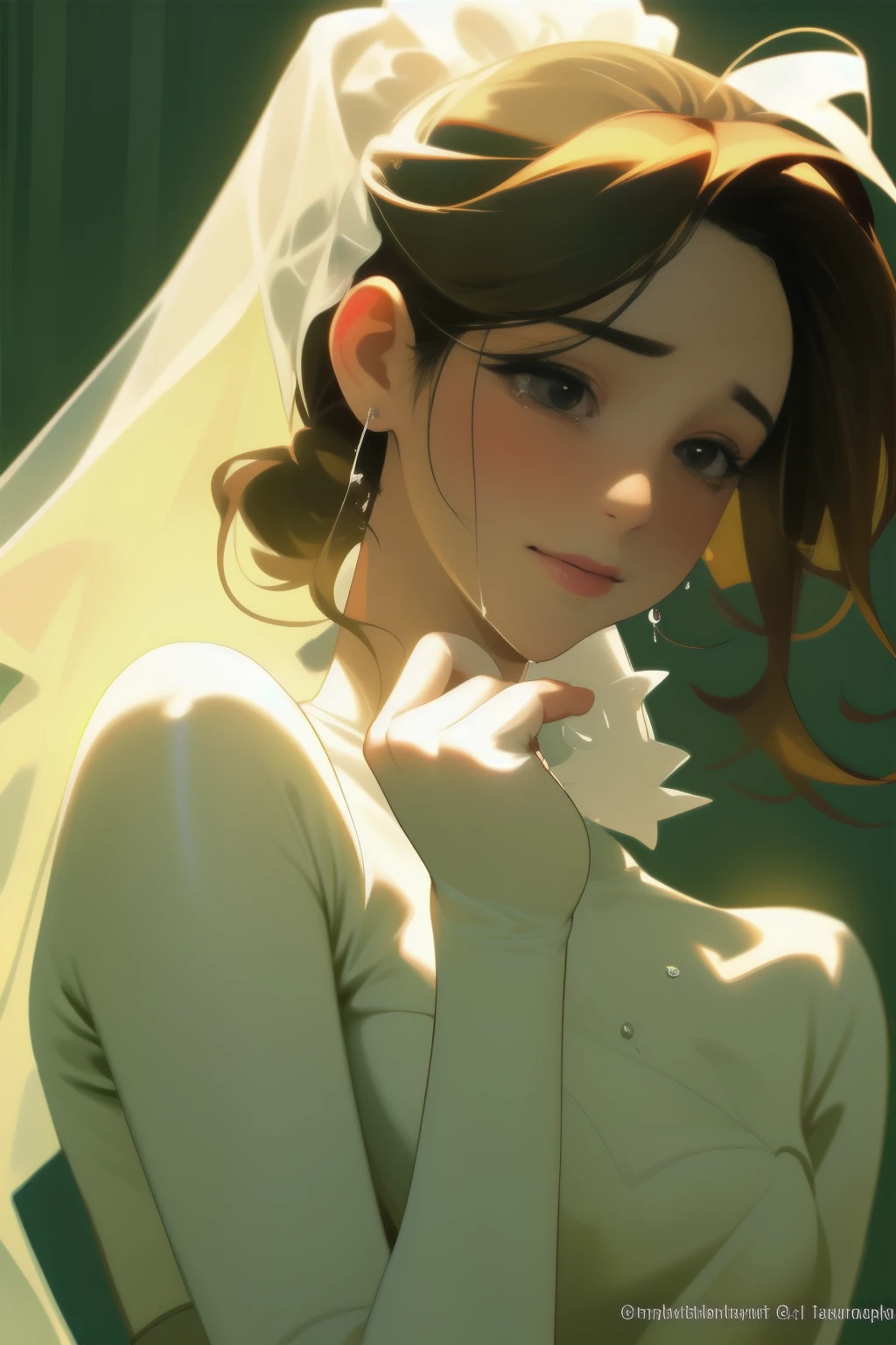 Close-up of the Bride's Face, Emotionally Moved, Wedding Scene, Sobbing, (Tears:1.5), European Bride, Detailed Face: 1.2, Realistic Skin, Pale Complexion, Delicate Sexy Face, Organoleptic Gas, Shiny Lips, Four Fingers and Thumb, Perfect Human Hands, Wind, (Wiping Away Tears:1.2), Bobble Ponytail or Glossy Dark Hair, Attractive Emotions: 1.2, Seductive Smile Fades, Blushing Cheeks, Perfectly Proportioned, Realistic Detail,