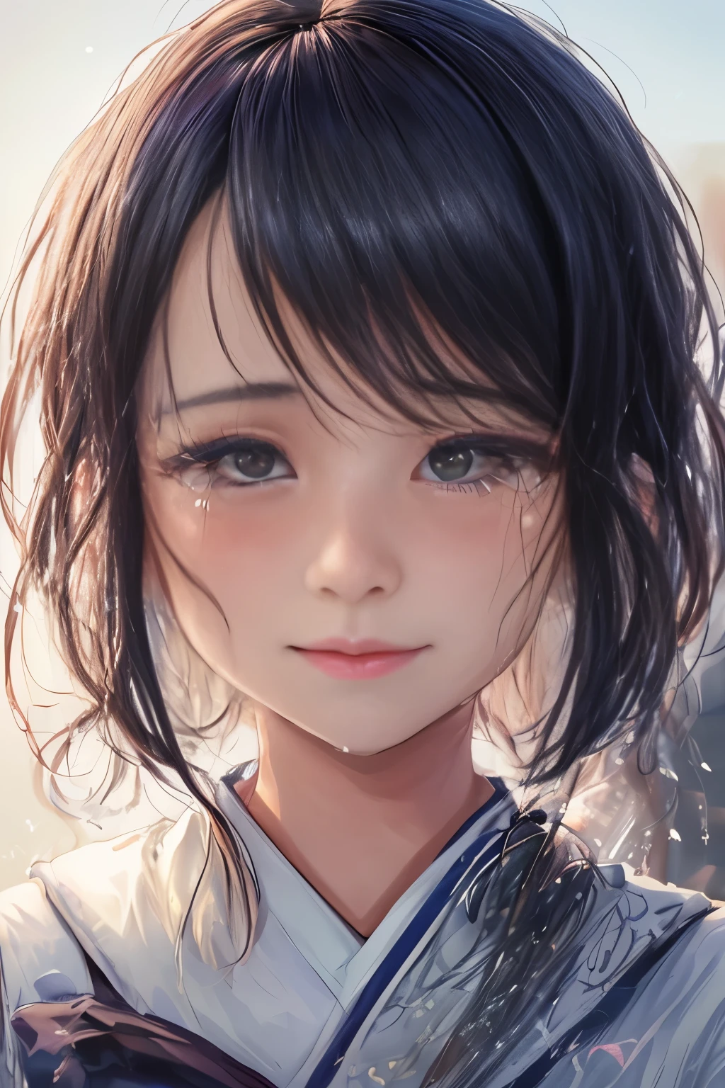 (best quality, ultra-detailed, highres:1.2), vibrant colors brought to life in a stunning close-up of a girl student in the midst of uncontrollable (tears1.5) of joy. Each facial feature is meticulously rendered with extreme detail, from the wrinkles forming around the eyes to the quivering lips that unfurl into a beautiful, radiant smile. The girl's (tears:1.5) themselves are a work of art, shimmering under bright, realistic lighting that catches every droplet and reflecting the colors of her Japanese school uniform. Her neat hairstyle remains perfectly in place, framing her beautiful, detailed eyes that brim with happiness, pride,